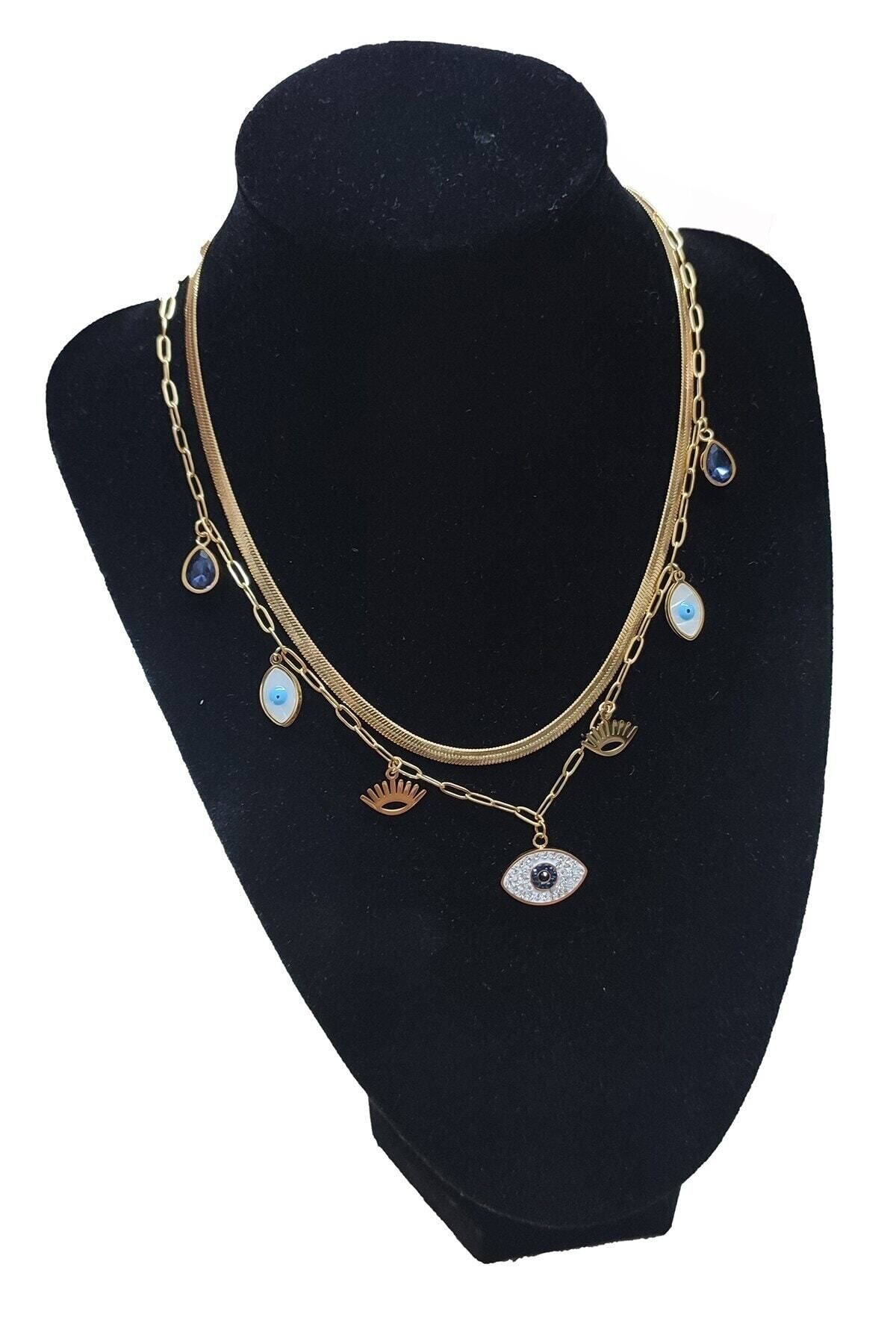 JEWELRY 2511 Çelik - Nazar Göz Damla Altın Zincir Renk Çift Kolye