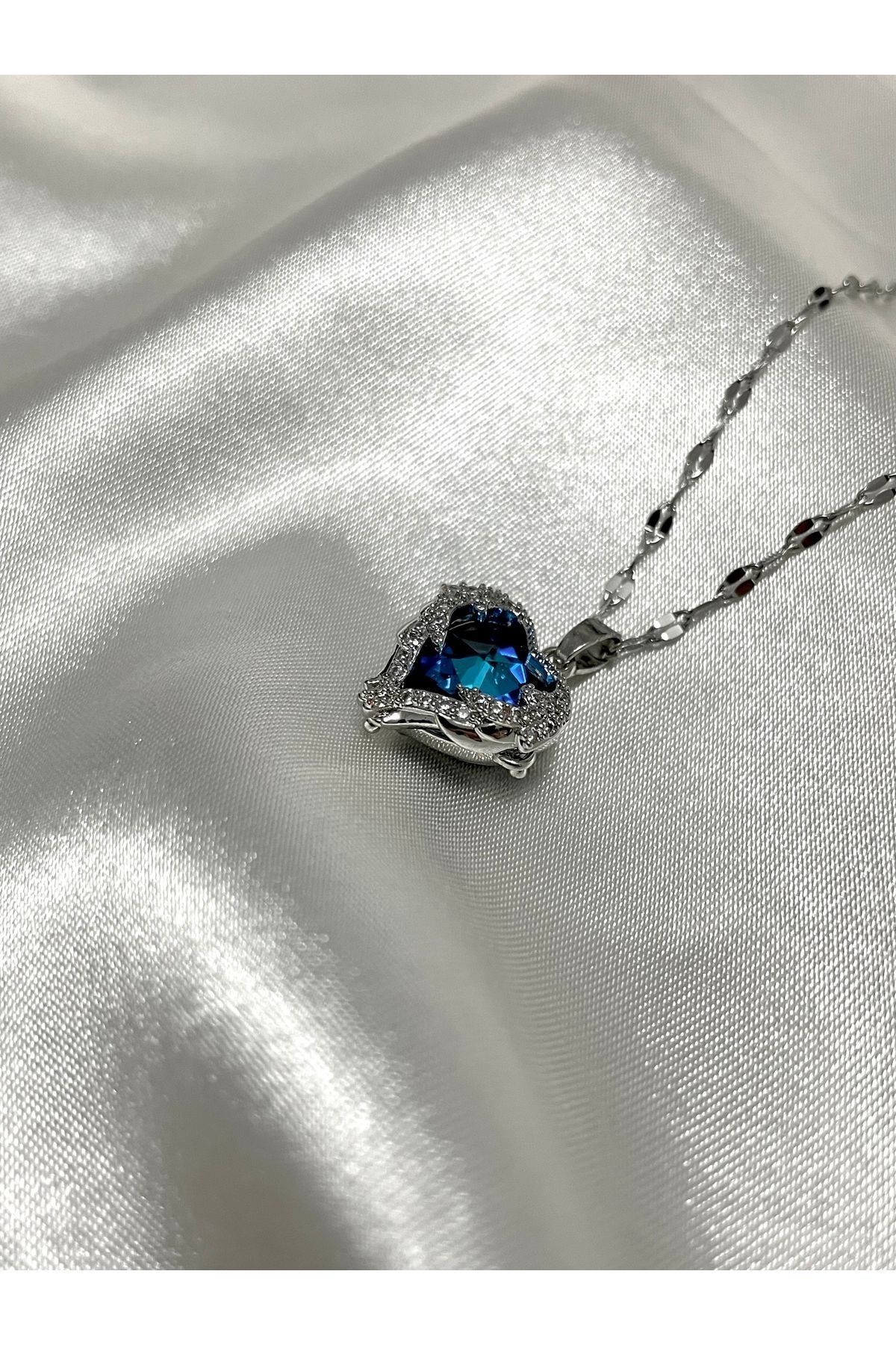 JEWELRY Yüksek Kalite Çelik Mavi Kristal Kalp Kolye Silver 40 cm Okyanusun Kalbi