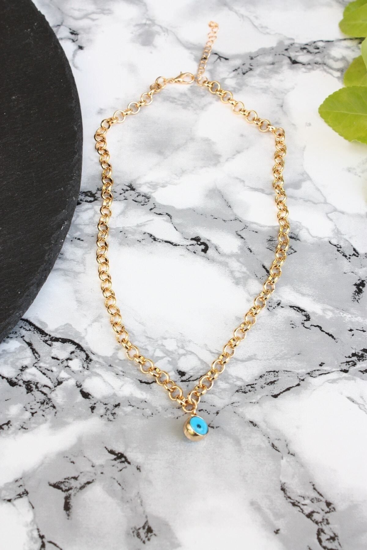 JEWELRY Kadın Kolye Gözü Kalın Kaplama Nazar Zincir Cam Altın