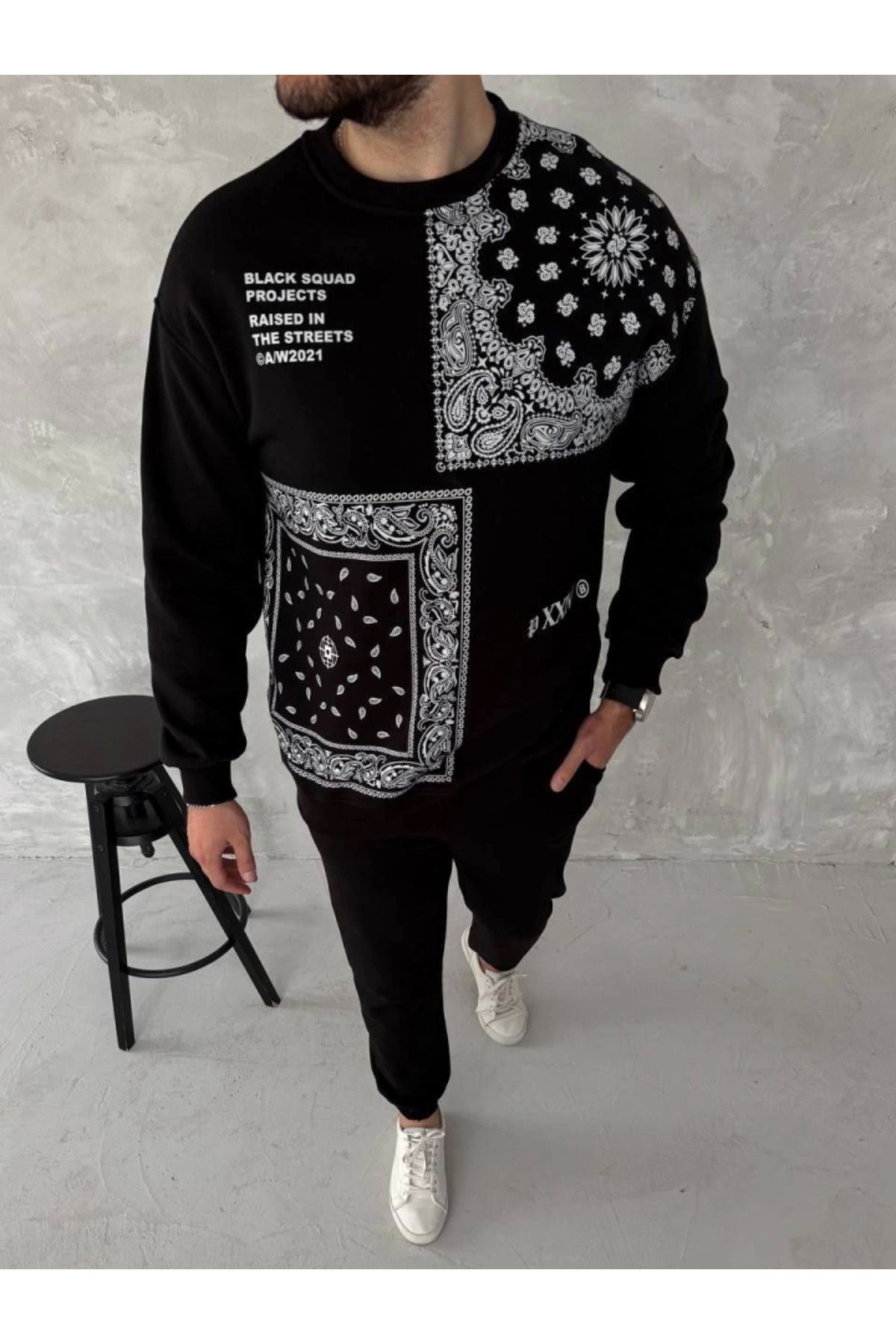 AG SHOPPİNGS Üç İplik Desenli Bisiklet Yaka Oversize SweatShirt - Siyah