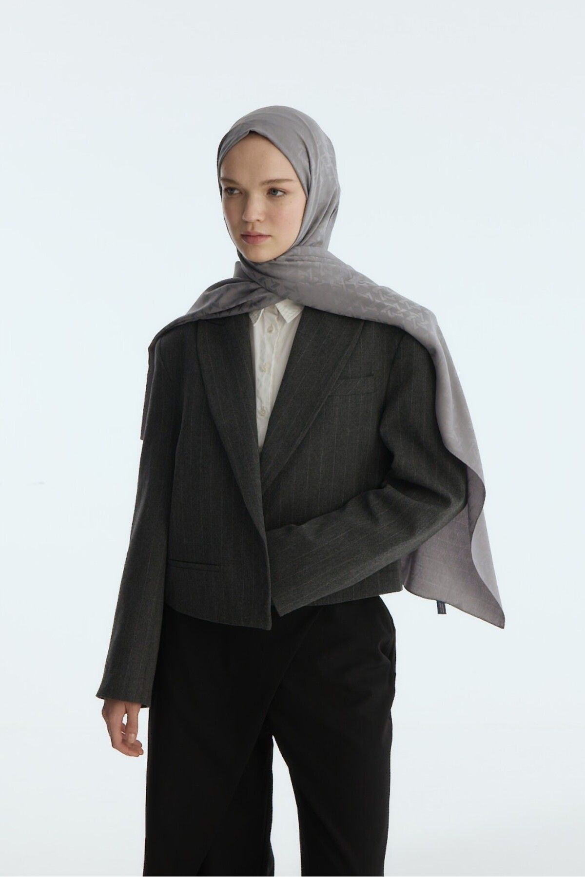 MİRSOY SCARF-Silky Jacquard Shawl Mira Pattern-Dark Grey 3