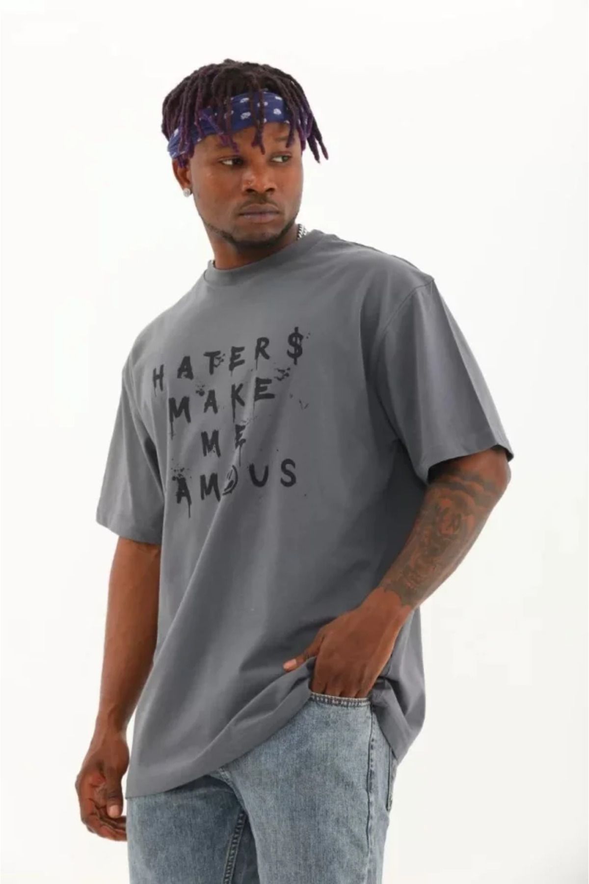 Grip Hug &Hug Unisex Oversize Baskılı Bisiklet Yaka T-Shirt - Füme