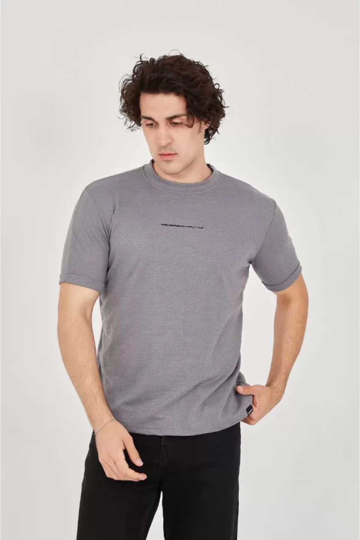 Perfica PERFİCA Unisex Jakar Kumaş Slim Fit T-Shirt - Boyalı Gri