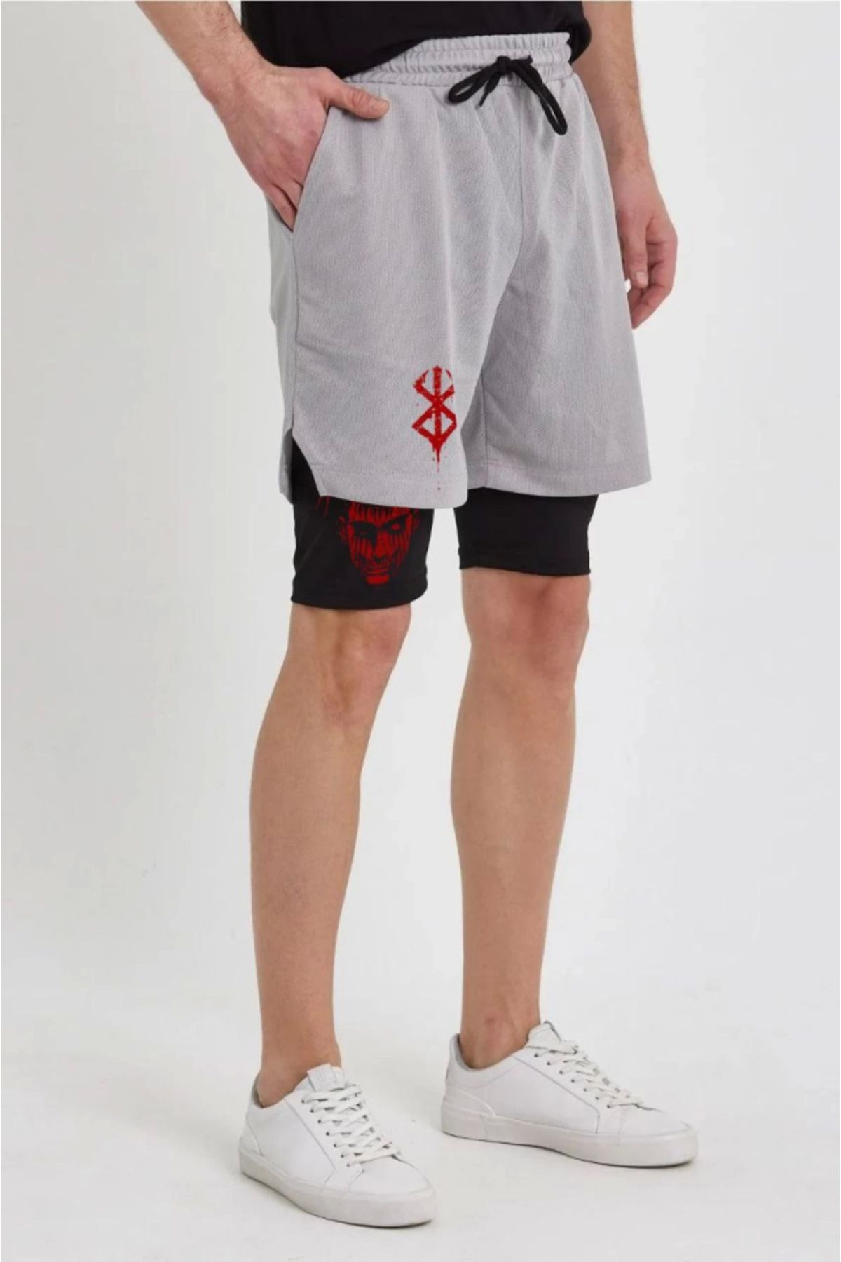 Moka Shopin-Unisex Sports Shorts - Feminine Touch with Print, Inner Pocket and Leggings - Gray 2