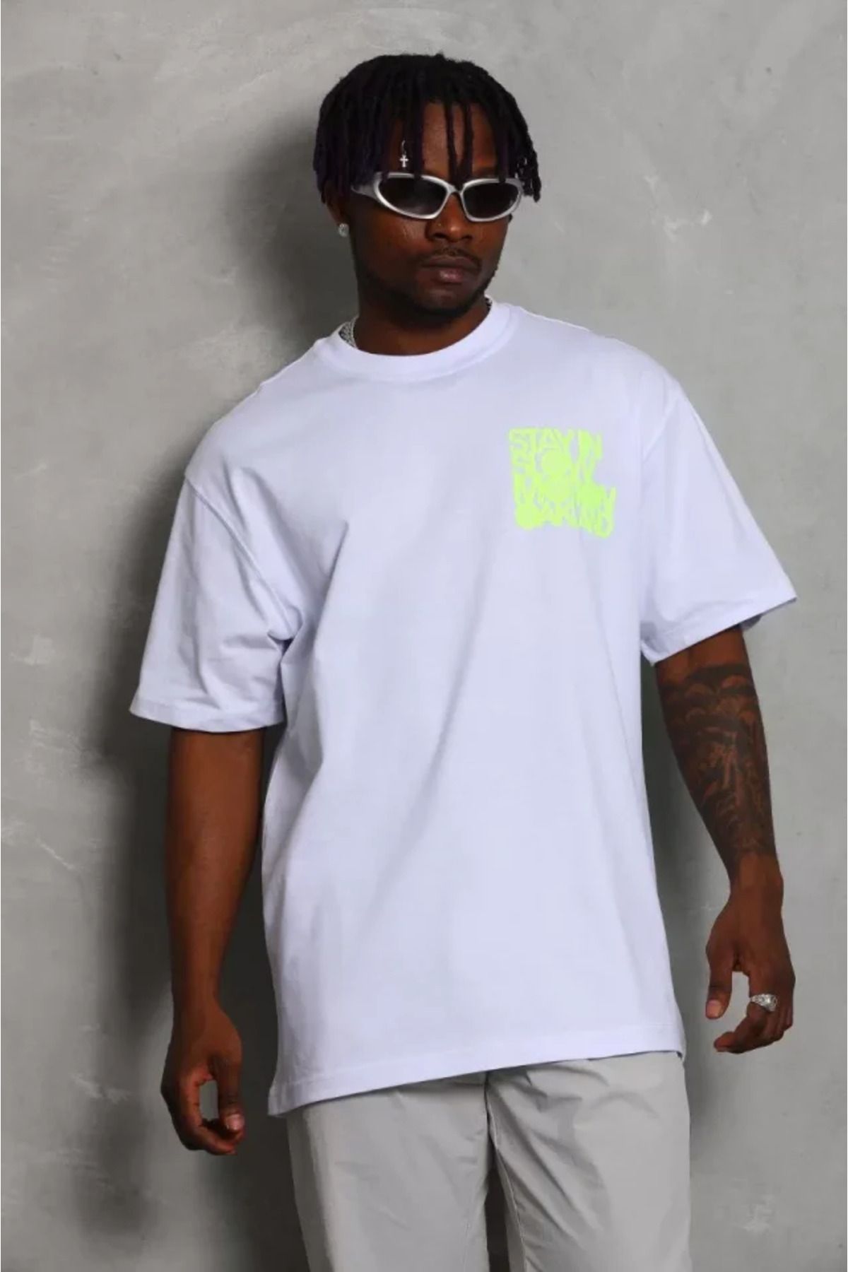 Asap Unisex Oversize Baskılı Bisiklet Yaka T-Shirt - Beyaz