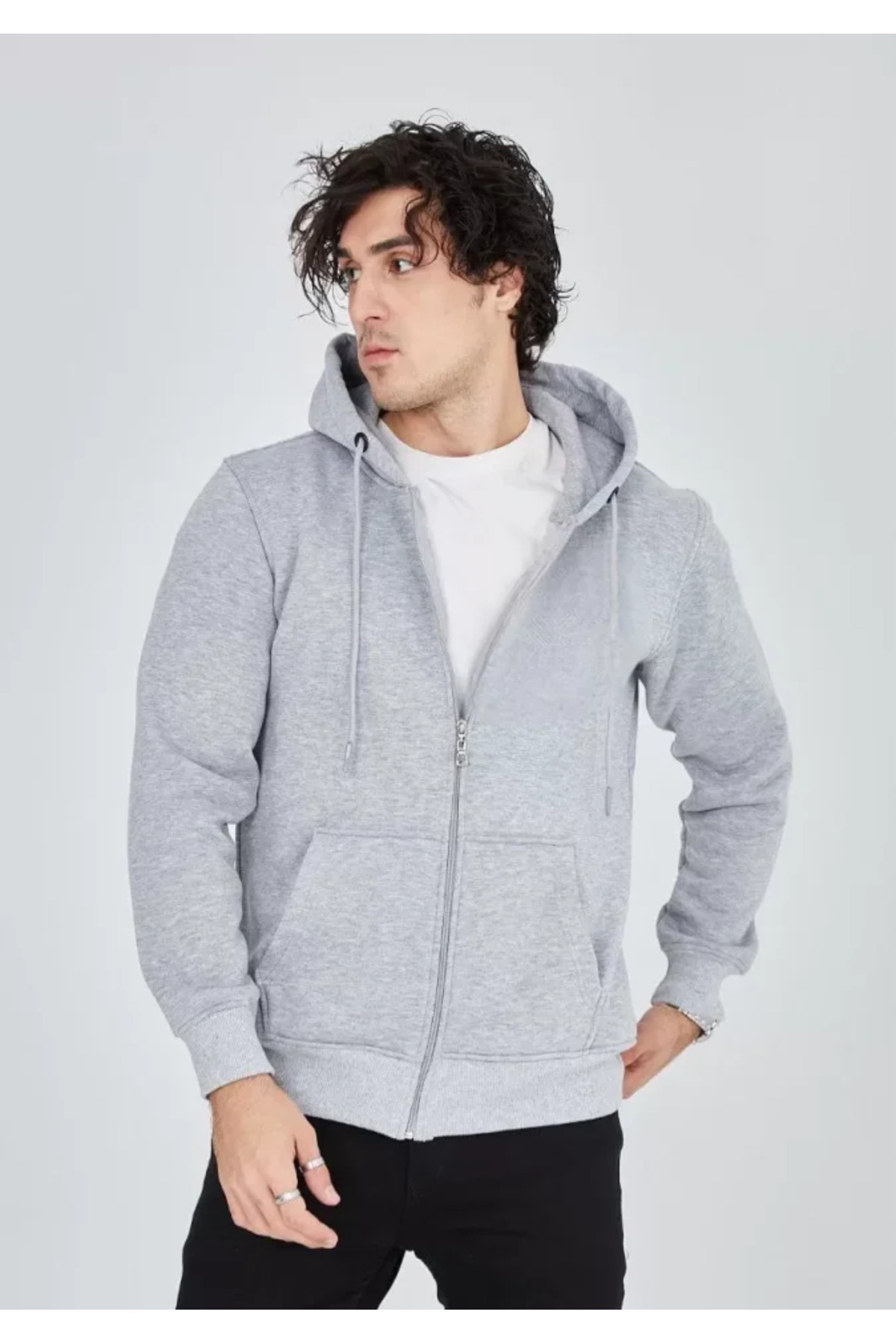 Unisex Tam Fermuarlı Kapşonlu  SweatShirt - Gri