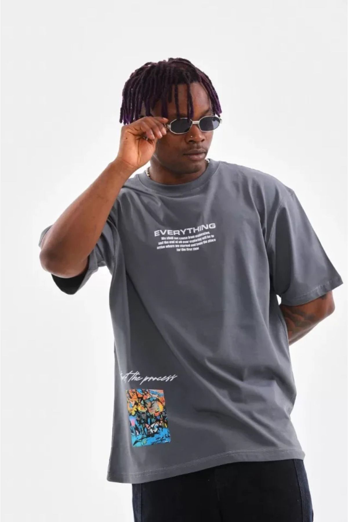 Asap Unisex Bisiklet Yaka Baskılı Oversize T-Shirt - Gri