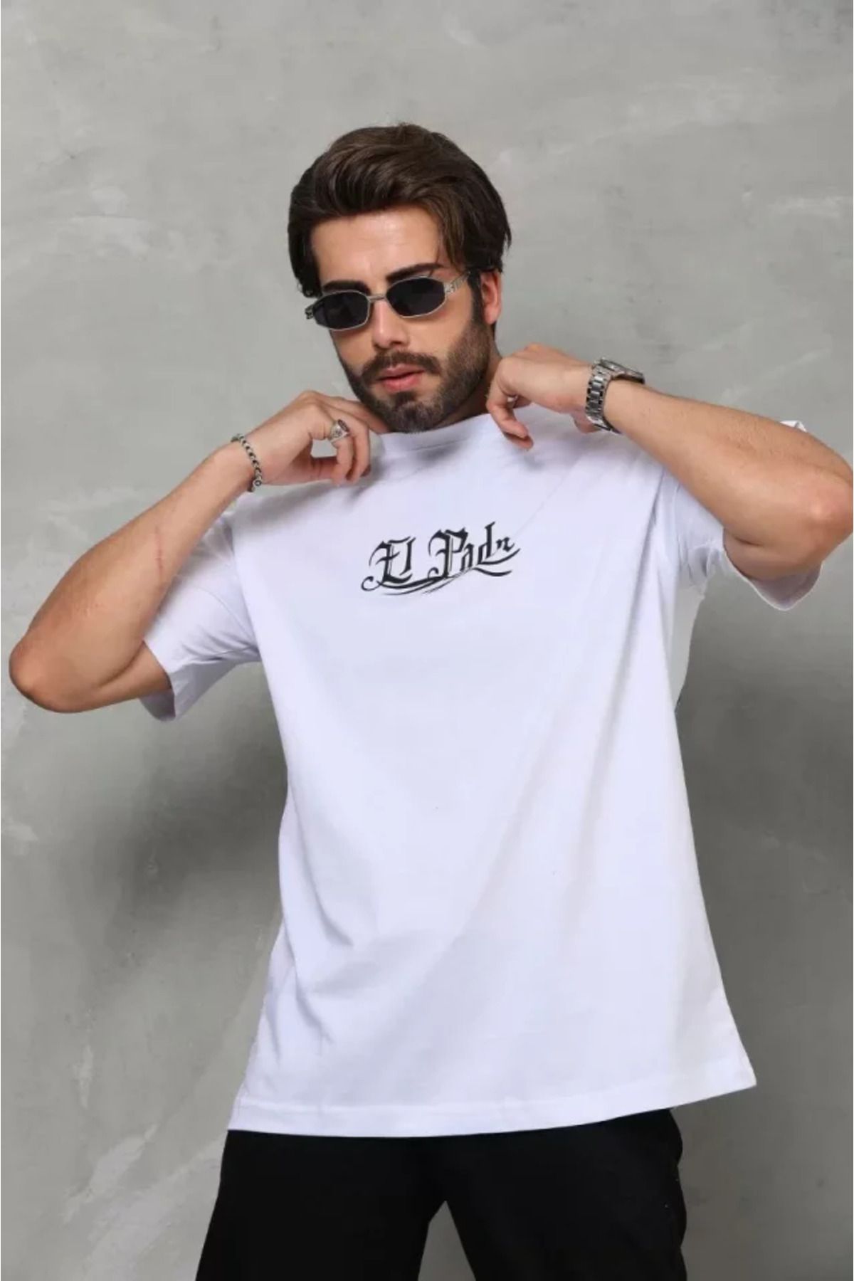 HobiDünyasıElif Unisex Bisiklet Yaka Baskılı Oversize T-Shirt - Beyaz