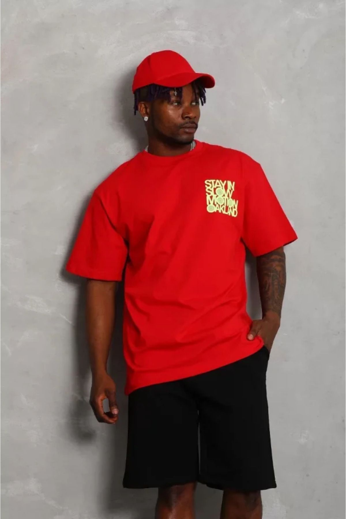 Melenza Unisex Oversize Baskılı Bisiklet Yaka T-Shirt - Kırmızı