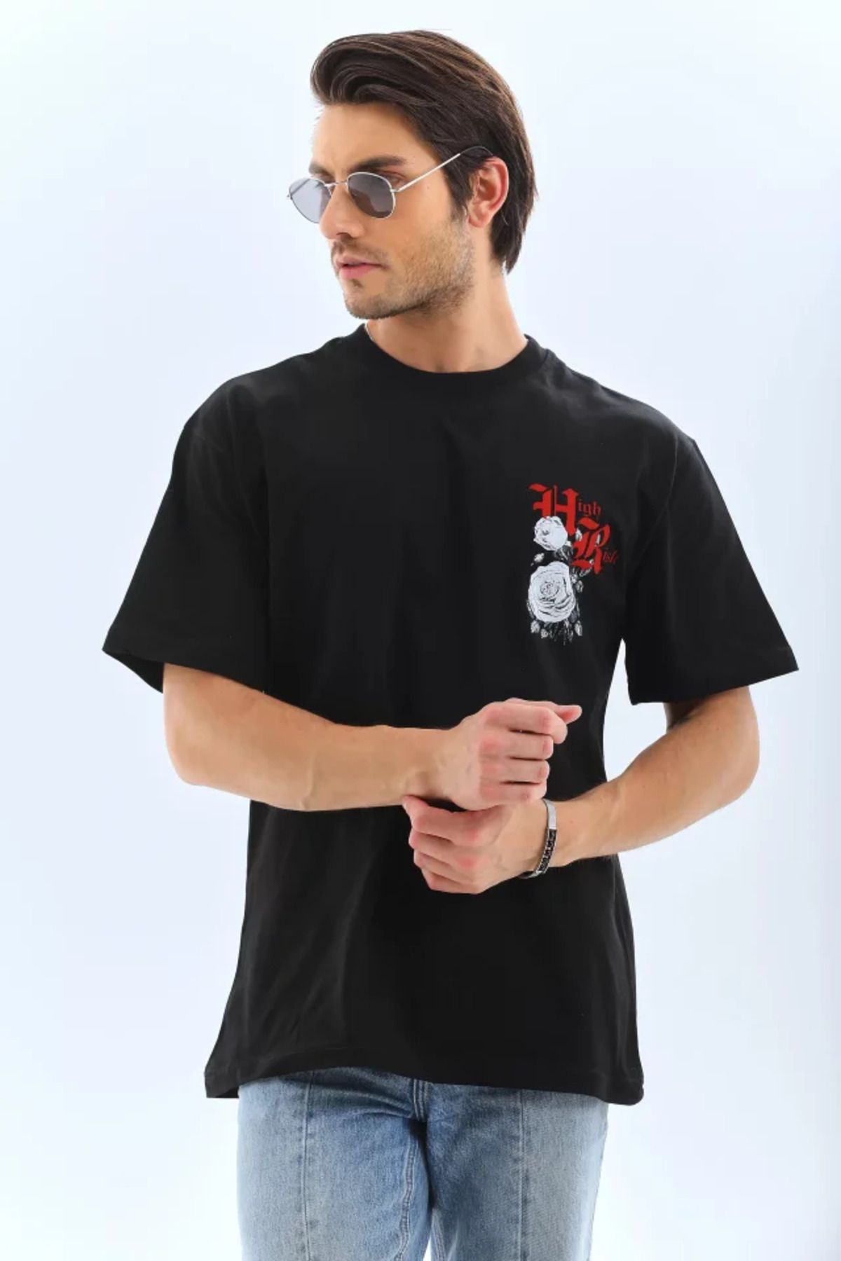 Asap Unisex Oversize Baskılı Bisiklet Yaka T-Shirt - Siyah