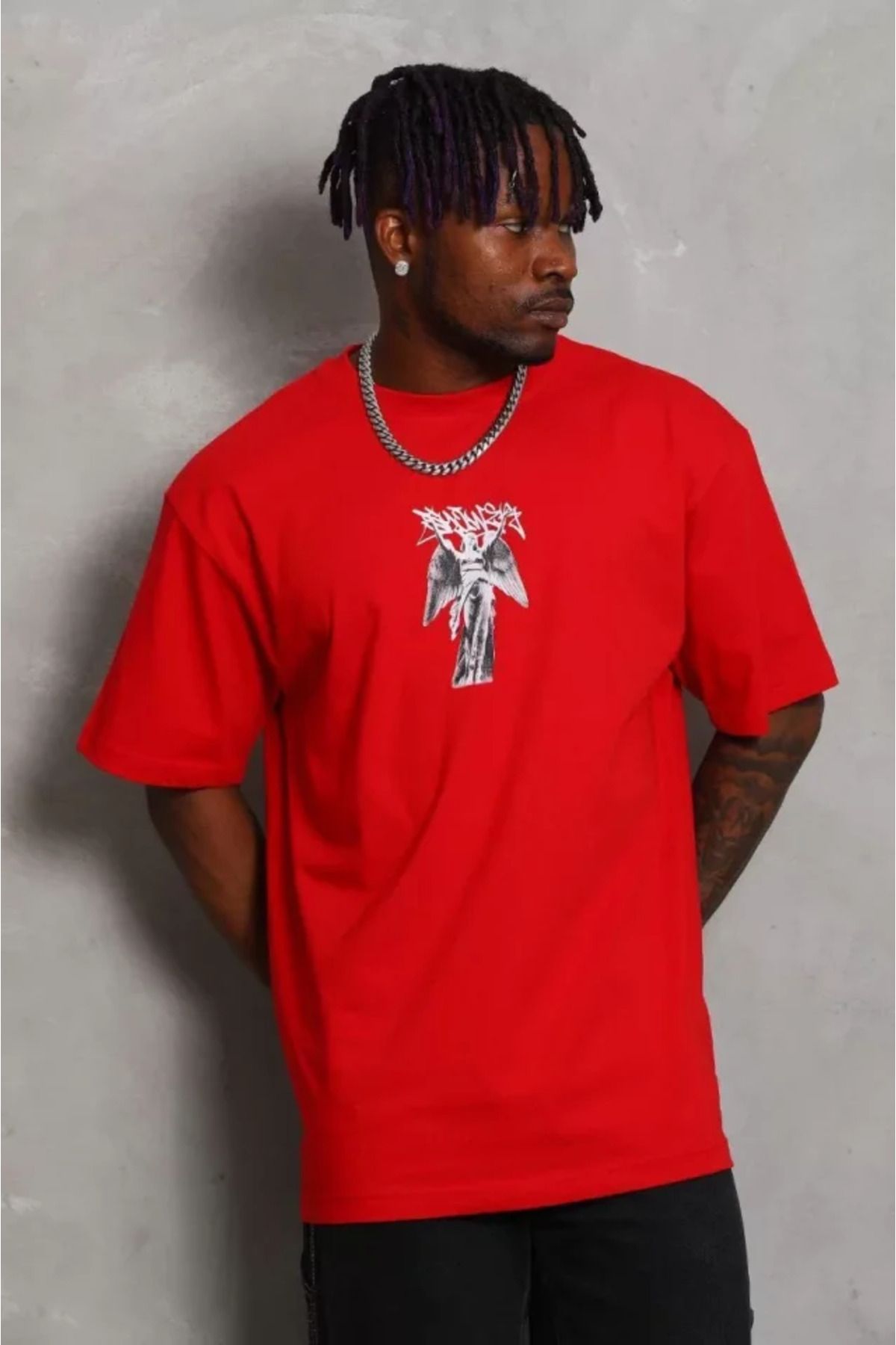 vivenza Unisex Oversize Baskılı Bisiklet Yaka T-Shirt - Kırmızı