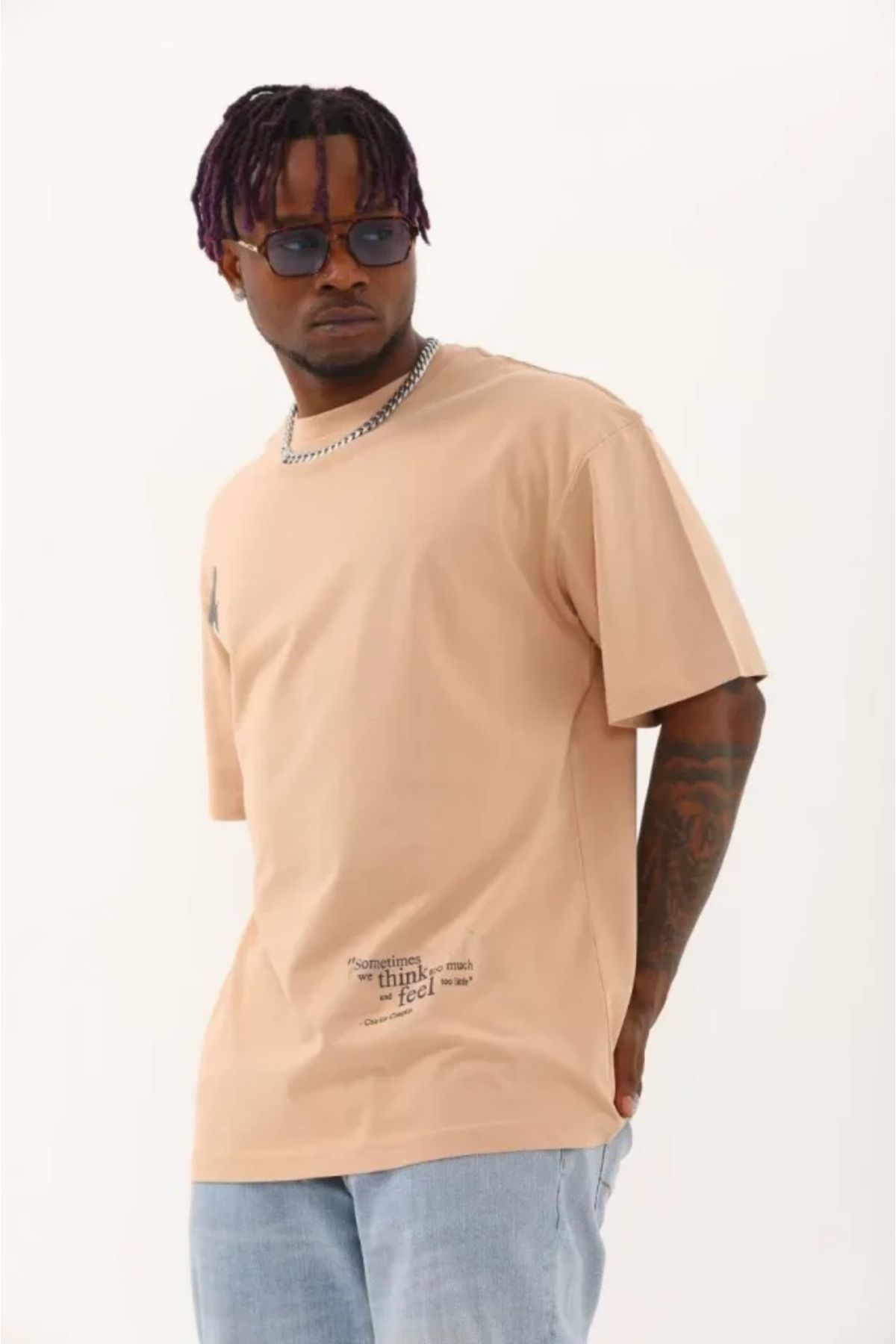 munn collection Unisex Oversize Baskılı Bisiklet Yaka T-Shirt - Bej