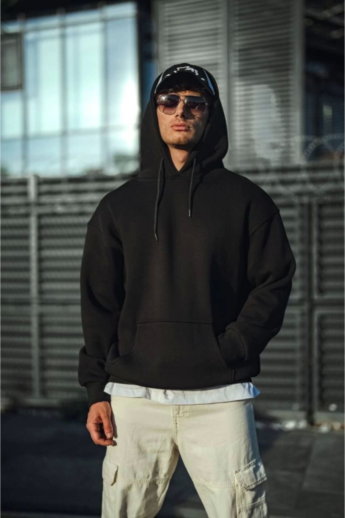 AG SHOPPİNGS Üç İplik Penye Kapşonlu Basic SweatShirt - Siyah