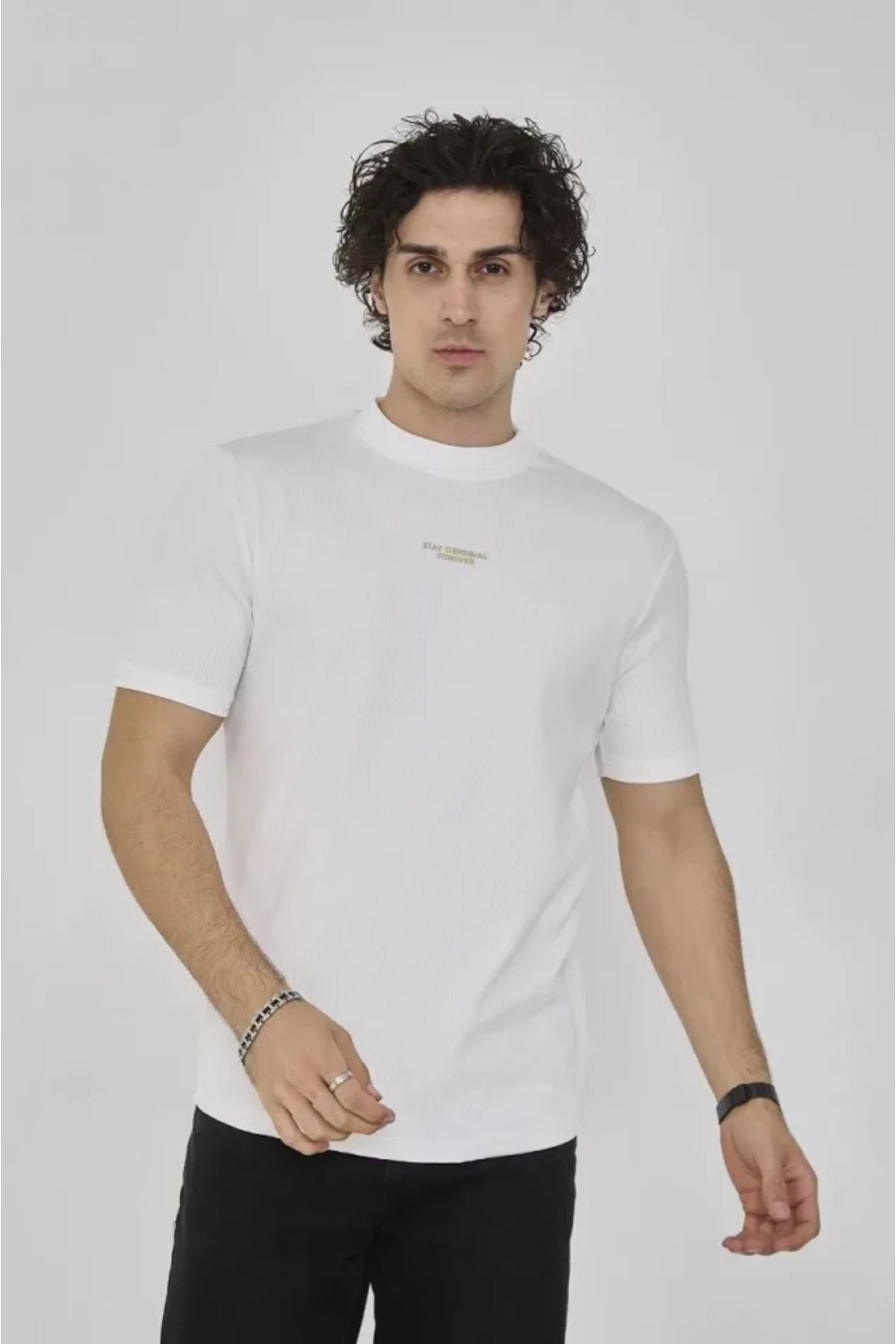 meisa Unisex Bisiklet Yaka Slim Fit T-Shirt- Beyaz