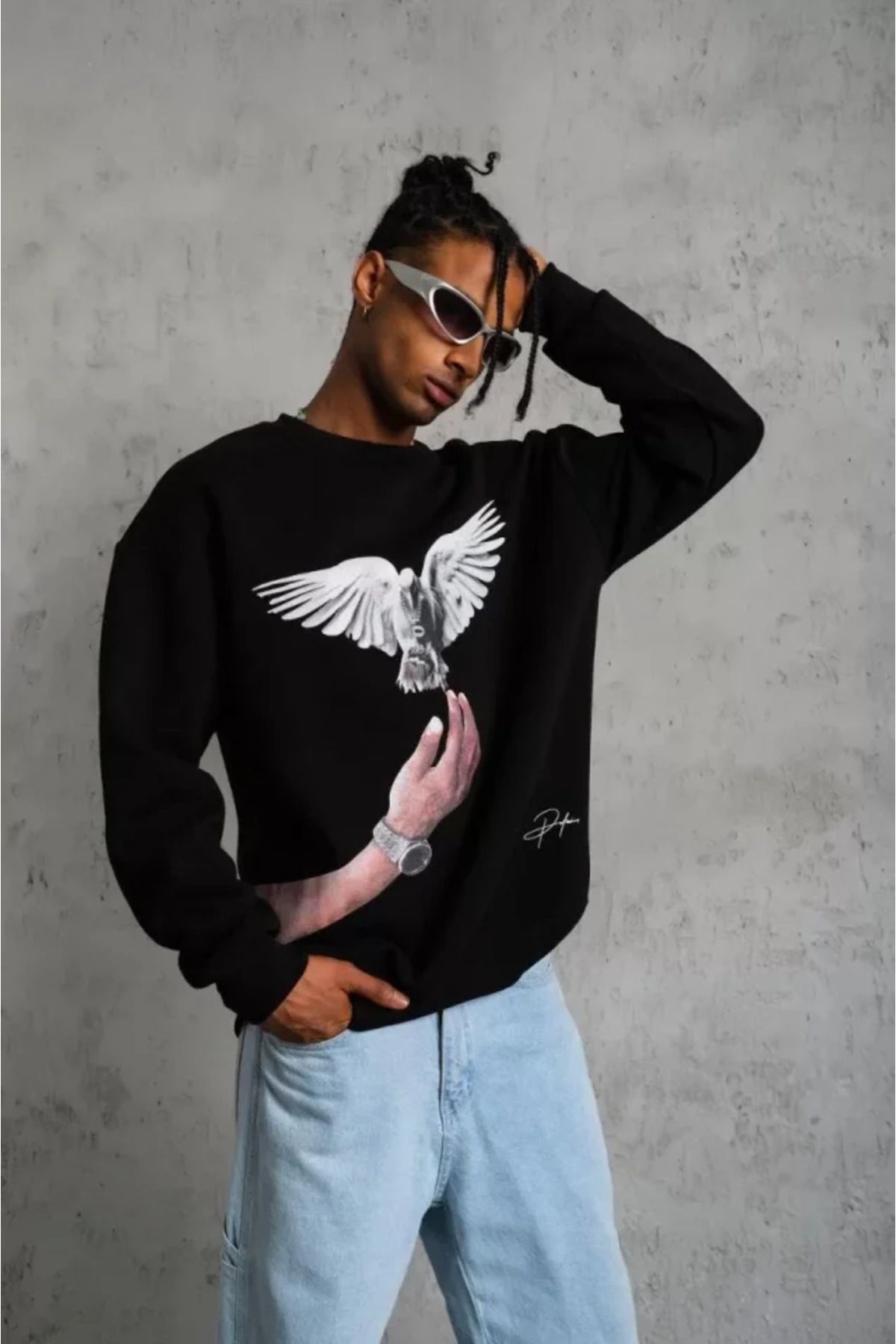 AG SHOPPİNGS Erkek Güvercin Baskılı Sweatshirt - Siyah