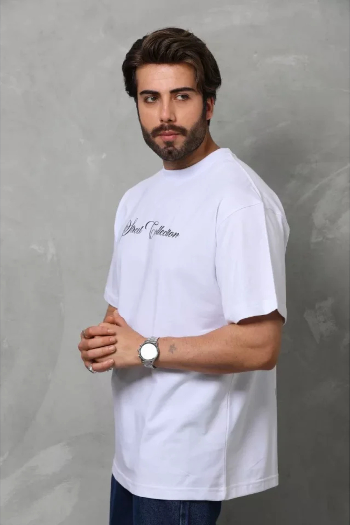 Unisex Bisiklet Yaka Baskılı Oversize T-shirt - Beyaz