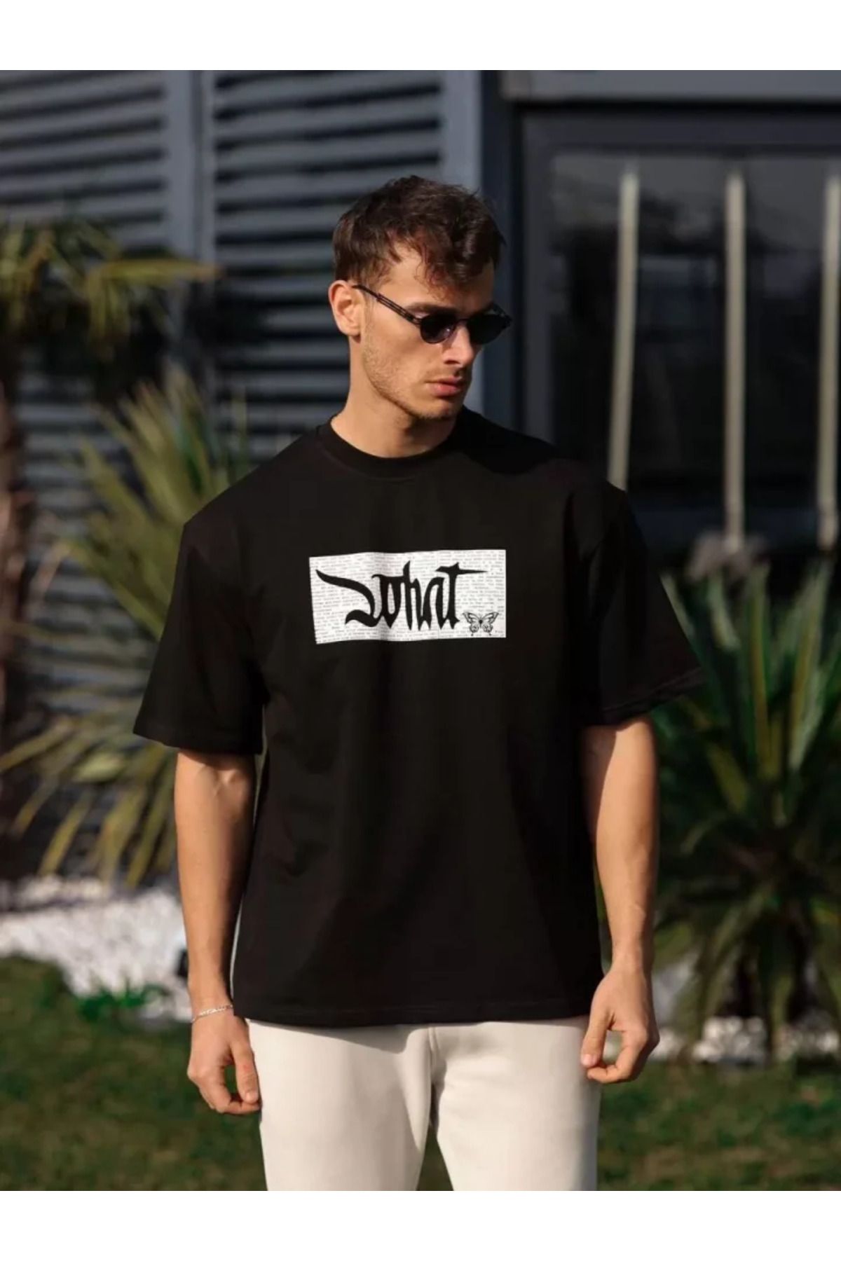 Asap Unisex Bisiklet Yaka Baskılı Oversize T-Shirt - Siyah