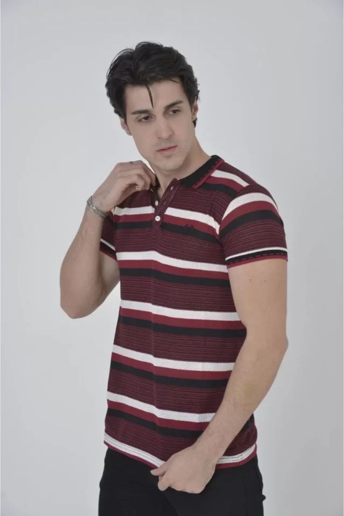 Trendusfashion Erkek Yakalı Slim Fit Dokuma Çizgili T-Shirt - Bordo