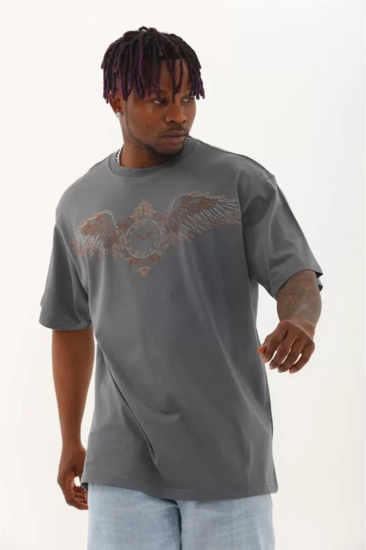 Asap Unisex Oversize Taşlı Bisiklet Yaka T-Shirt - Füme
