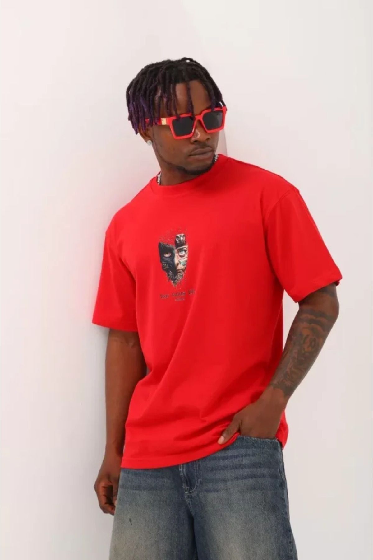 Asap Unisex Oversize Baskılı Bisiklet Yaka T-Shirt - Kırmızı