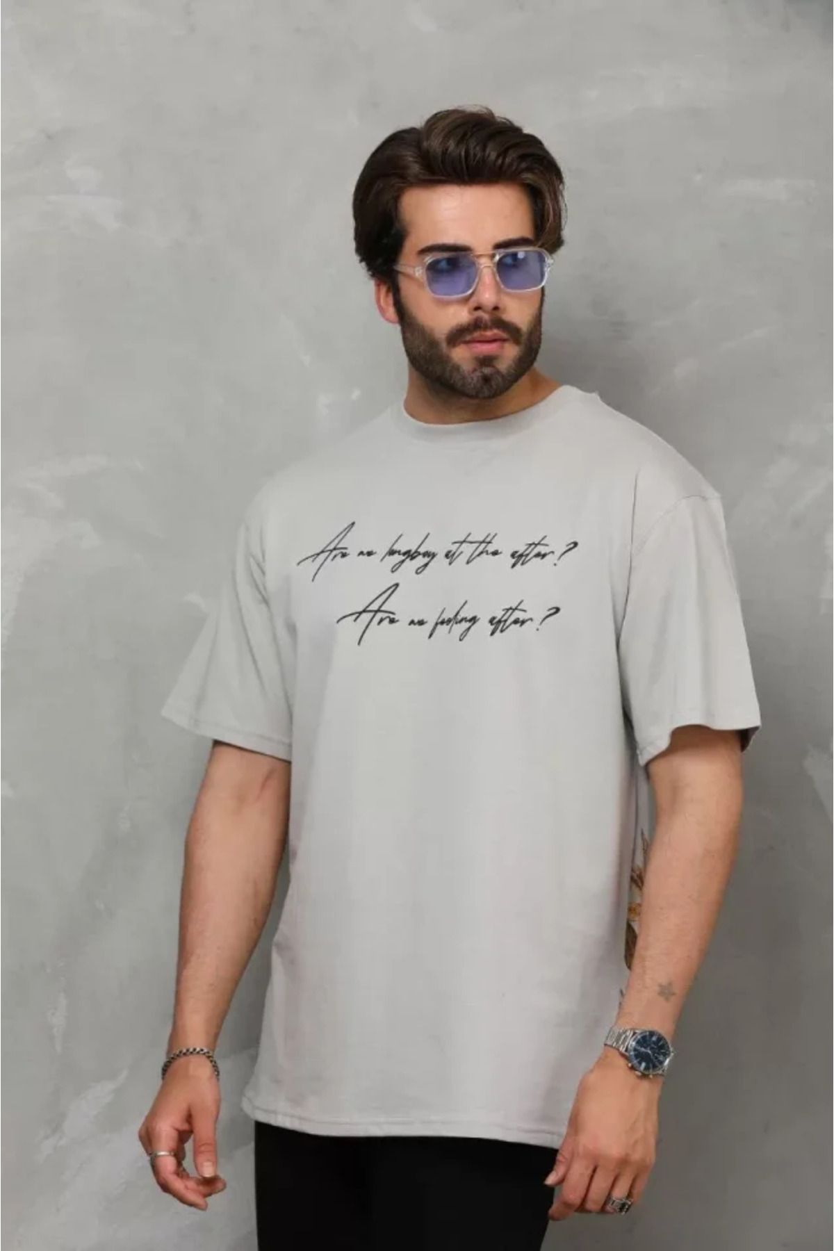Asap Unisex Bisiklet Yaka Baskılı Oversize T-Shirt - Gri
