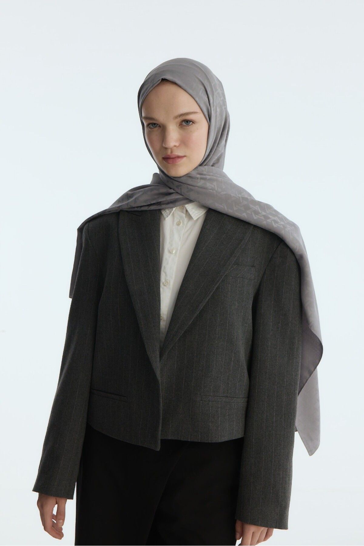 MİRSOY SCARF-Silky Jacquard Shawl Mira Pattern-Dark Grey 4