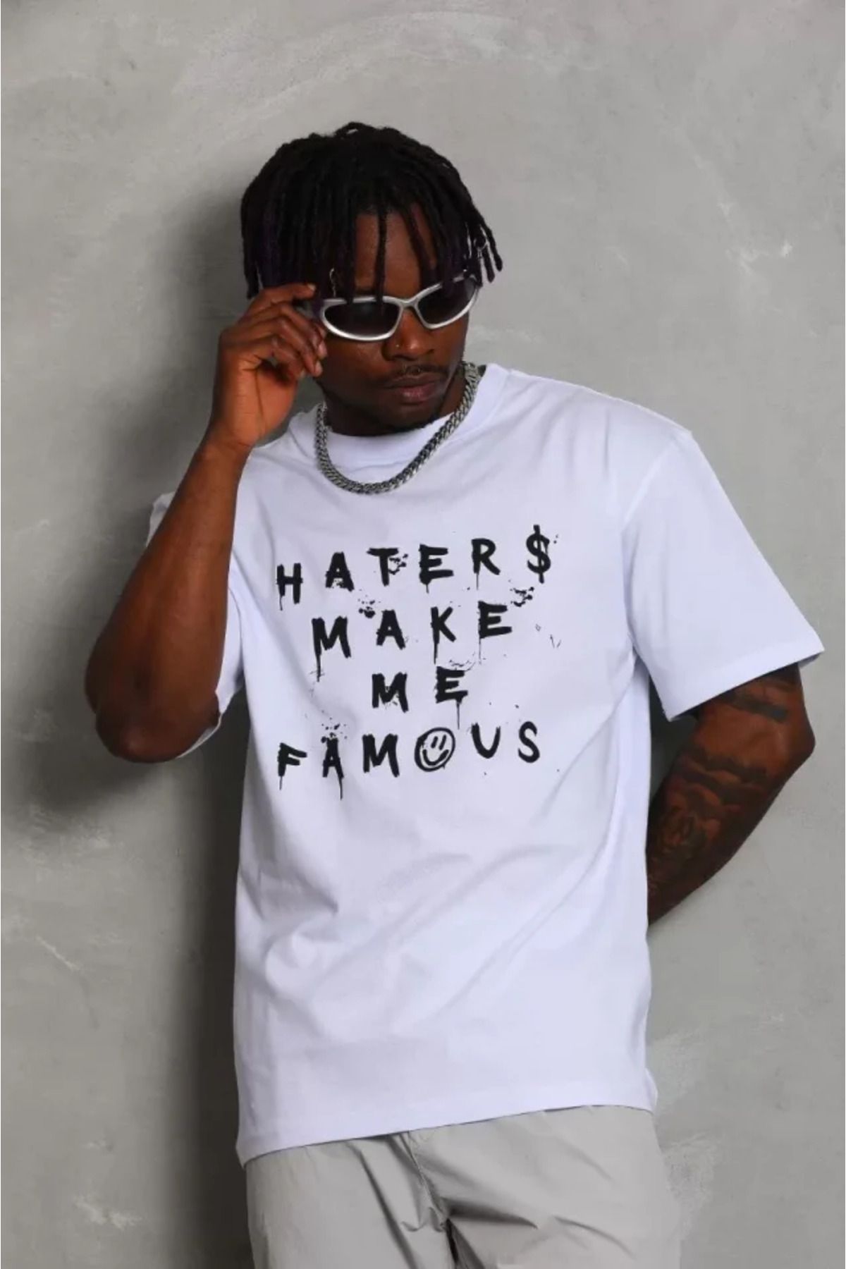 MRA Fashion Unisex Oversize Baskılı Bisiklet Yaka T-Shirt - Beyaz