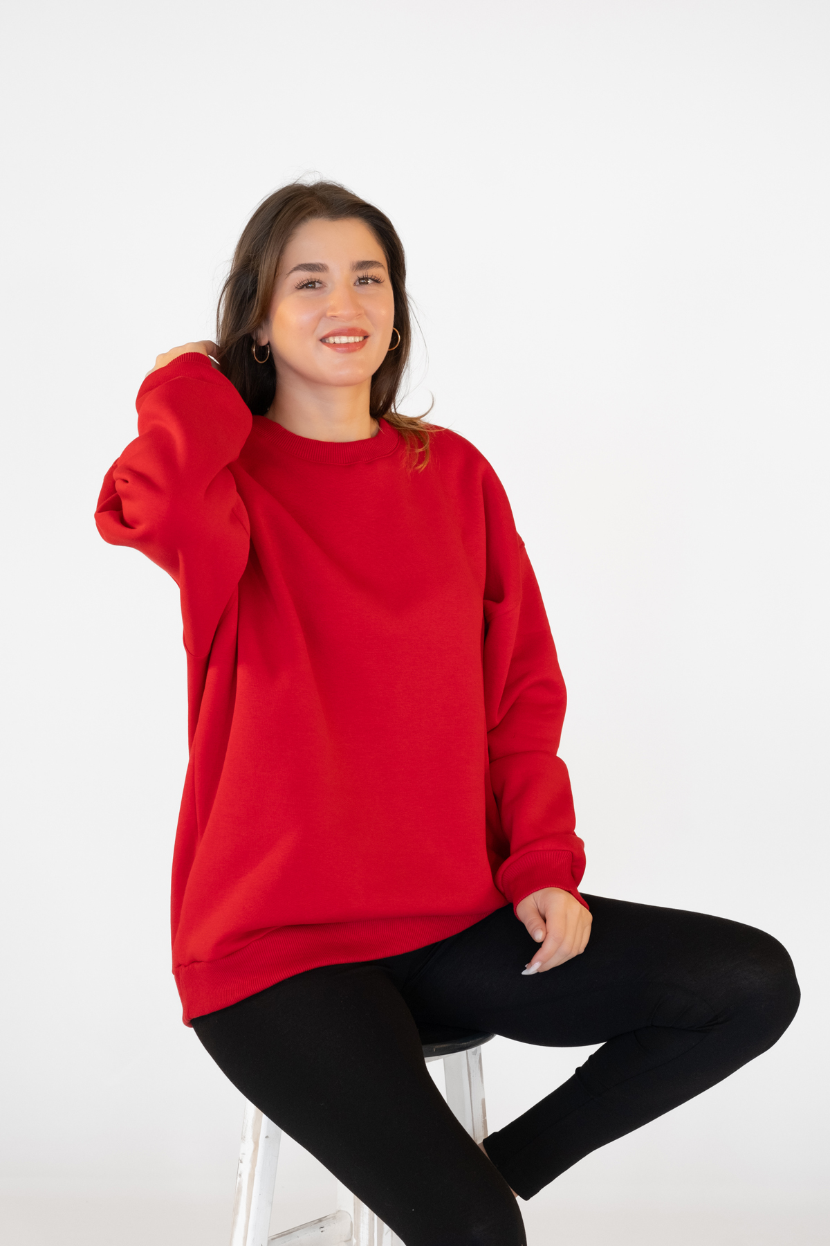 TEVOOY Unisex Oversize Kapşonsuz Sweatshirt, 3 İplik Şardonlu ve İçi Tüylü Rahat Tasarım KIRMIZI görsel 6