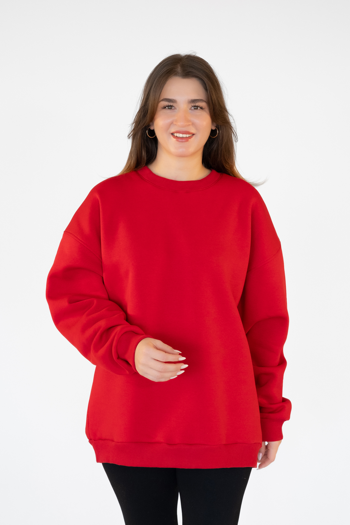TEVOOY Unisex Oversize Kapşonsuz Sweatshirt, 3 İplik Şardonlu ve İçi Tüylü Rahat Tasarım KIRMIZI görsel 4