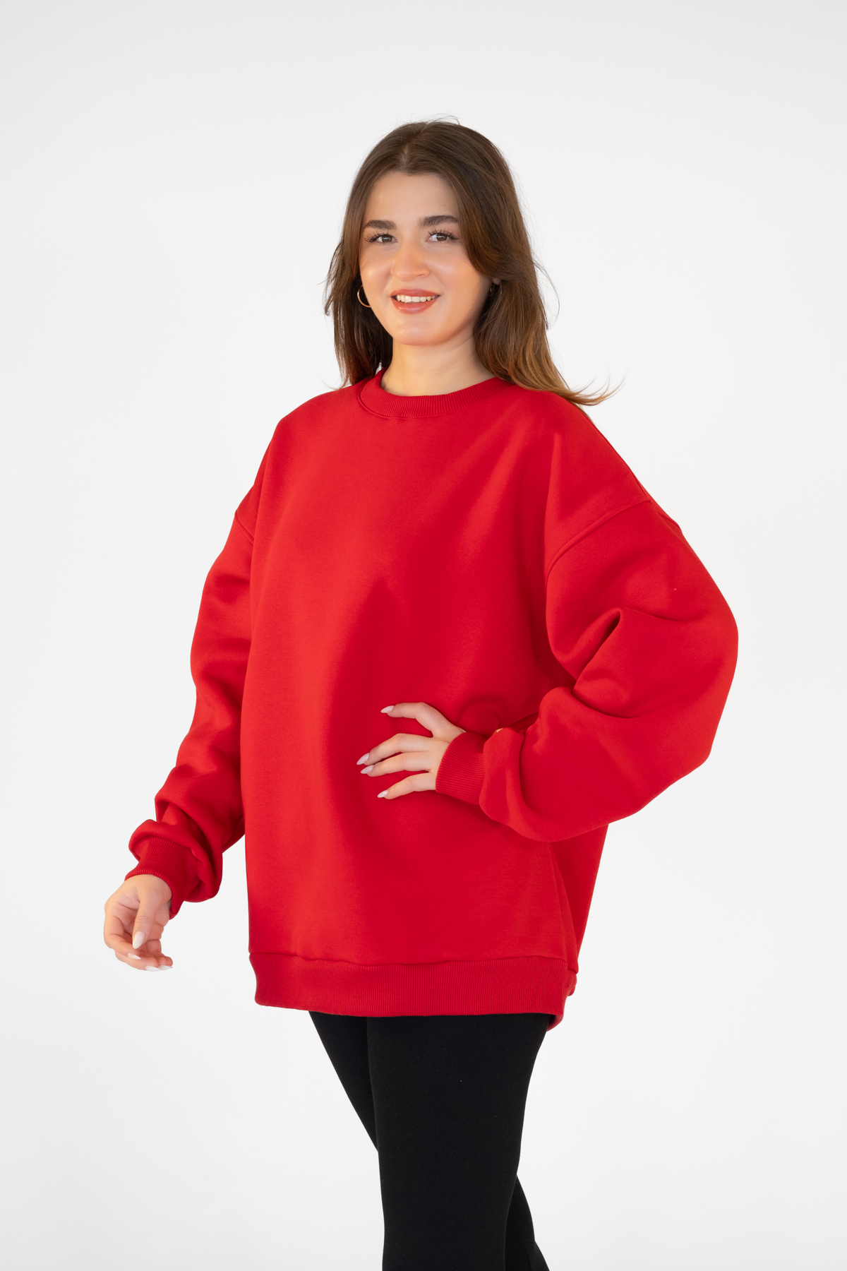 TEVOOY Unisex Oversize Kapşonsuz Sweatshirt, 3 İplik Şardonlu ve İçi Tüylü Rahat Tasarım KIRMIZI görsel 3