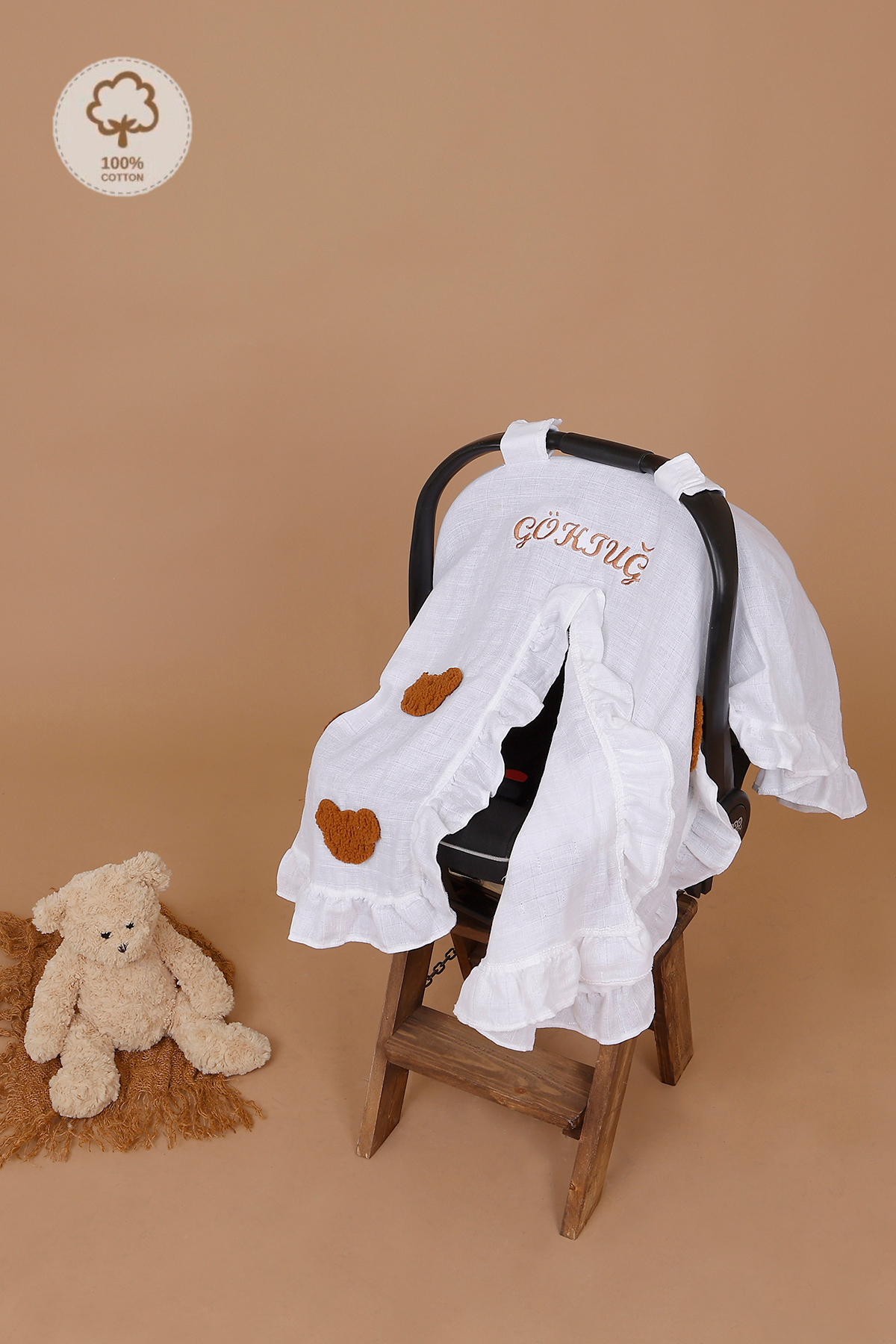 JUNİPERUS Kişiye Özel Nakışlı Fırfırlı Müslin Puset Örtüsü İsime Özel Anakucağı Örtüsü Oeko-Tex Sertifikalı fotoğrafı 4 (önizleme)