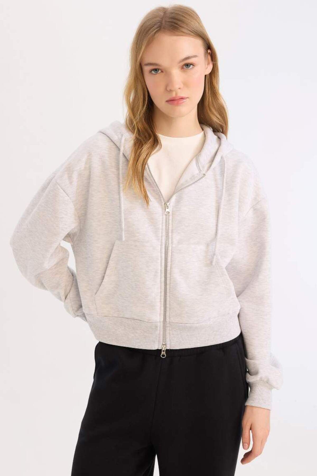 DeFacto Yeni Sezon Coool Standart Fit Kapüşonlu Basic Düz Kanguru Cepli Fermuarlı Sweatshirt