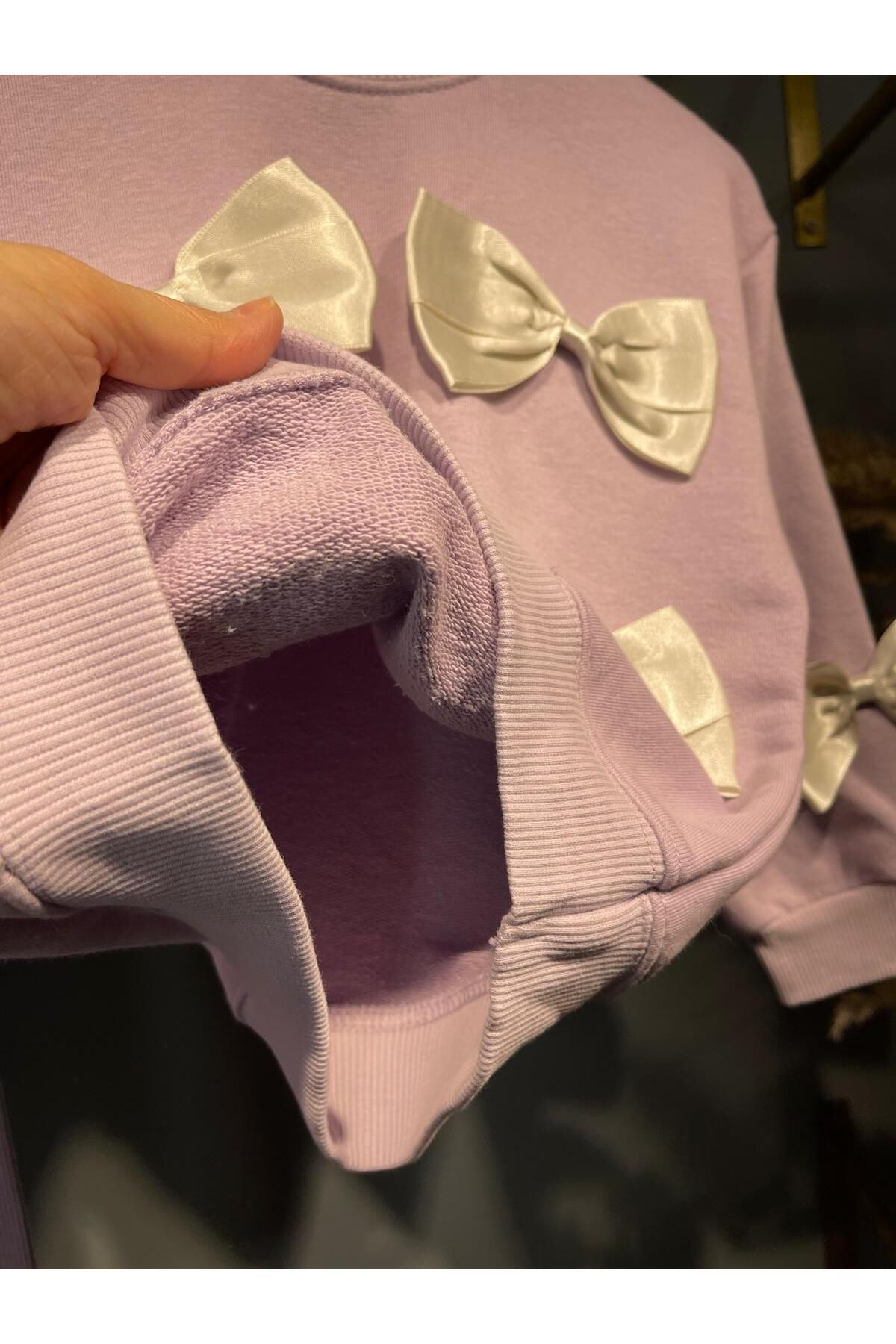 Zuzu-Lilac Bow Detailed Cotton Children's Double Set 4