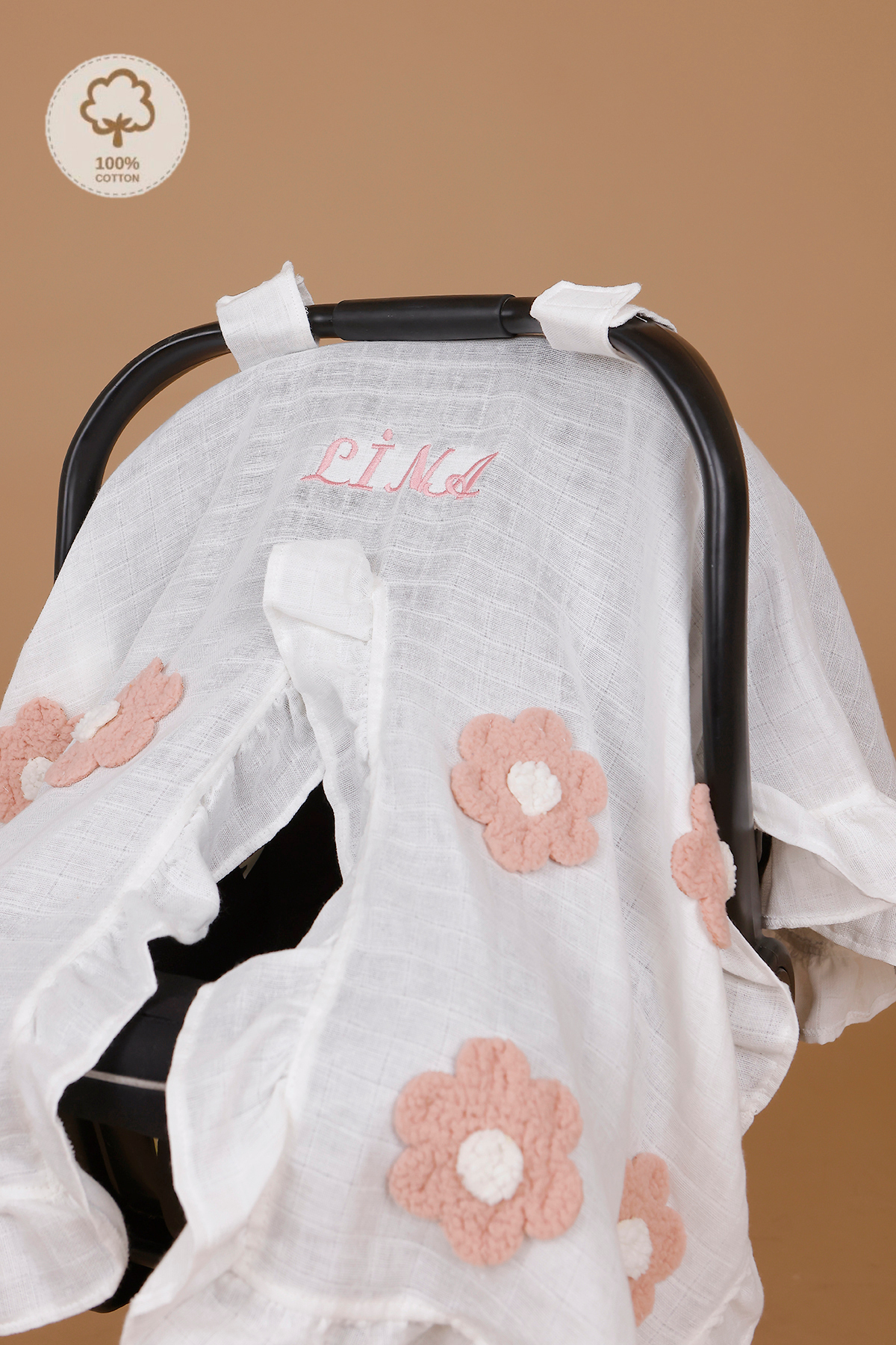 JUNİPERUS Kişiye Özel Nakışlı Fırfırlı Müslin Puset Örtüsü İsime Özel Anakucağı Örtüsü Oeko-Tex Sertifikalı fotoğrafı 3 (önizleme)