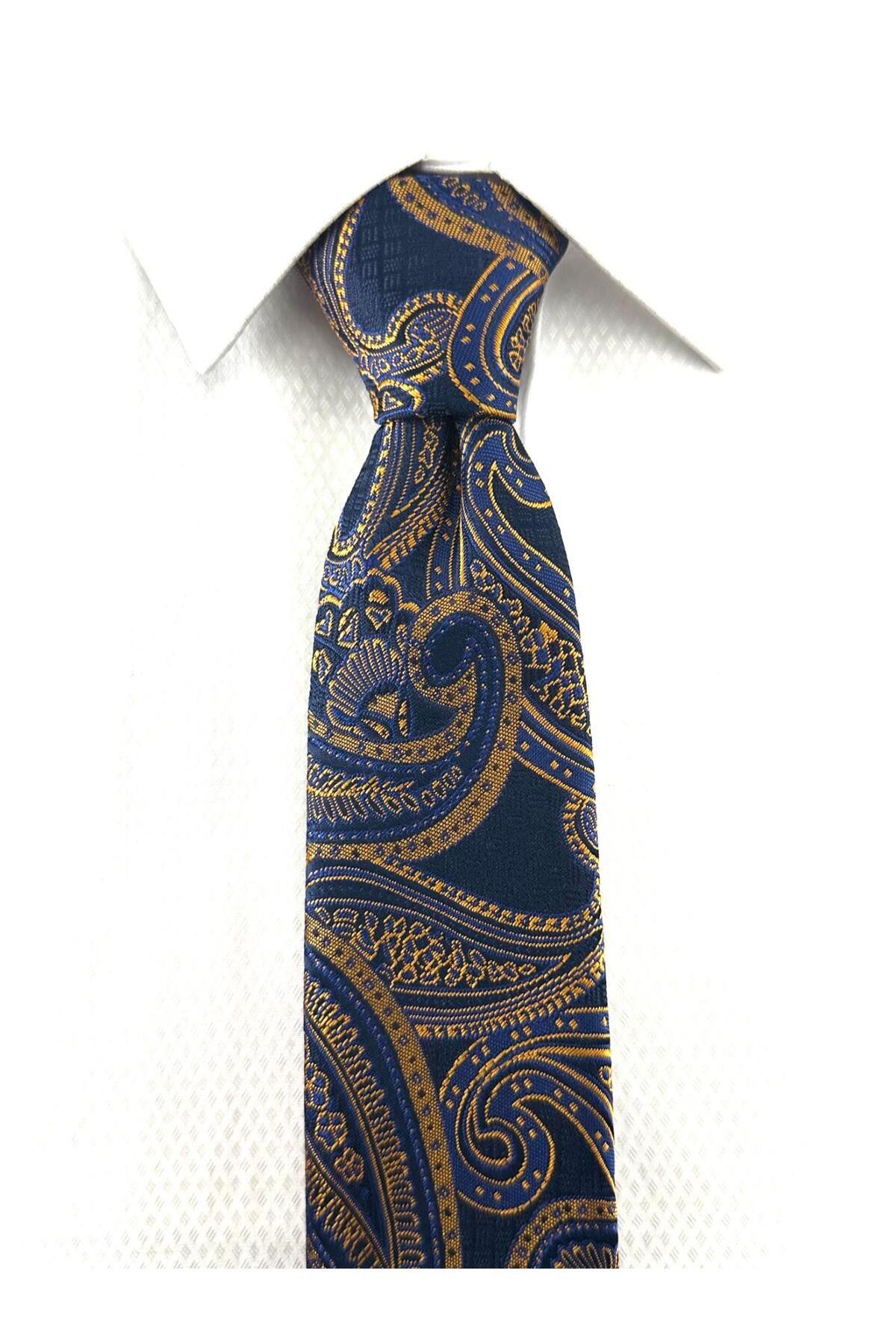 PİERRONİ-Navy Blue Gold Shawl Patterned Handkerchief Tie 2