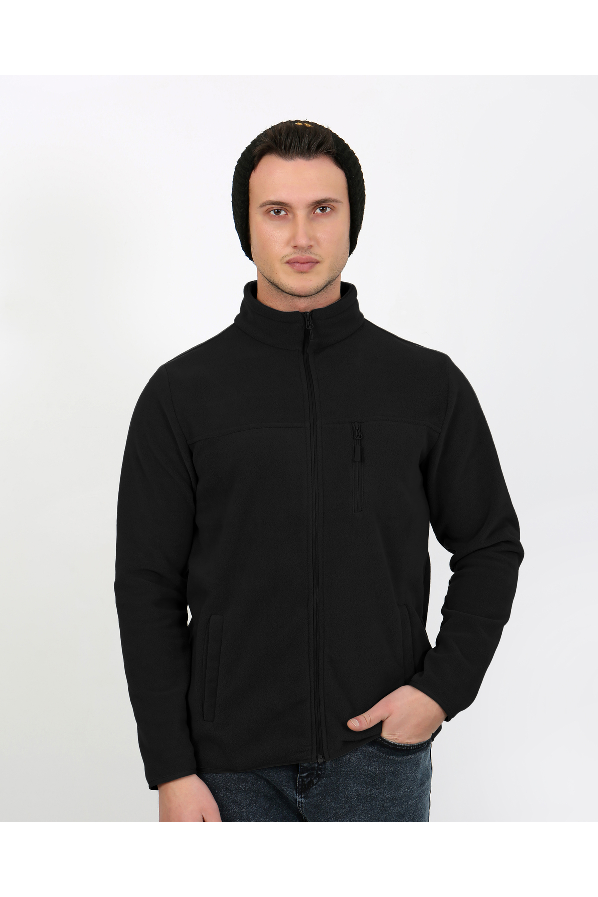 6019 Regular Fit Soft Textured Winter Micro Fleece Cardigan — مشکی — تصویر 2 از 6