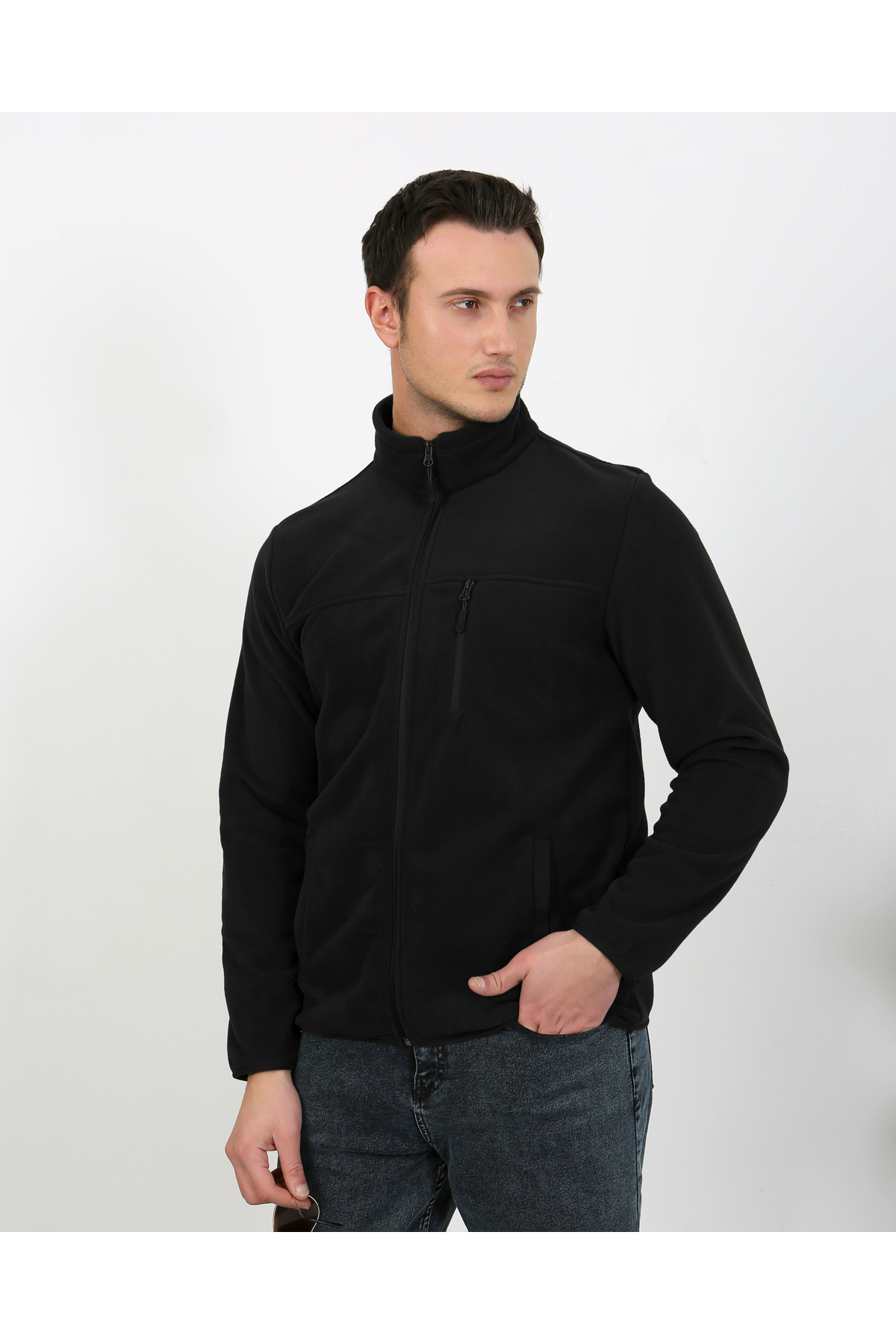 6019 Regular Fit Soft Textured Winter Micro Fleece Cardigan — مشکی — تصویر 6 از 6