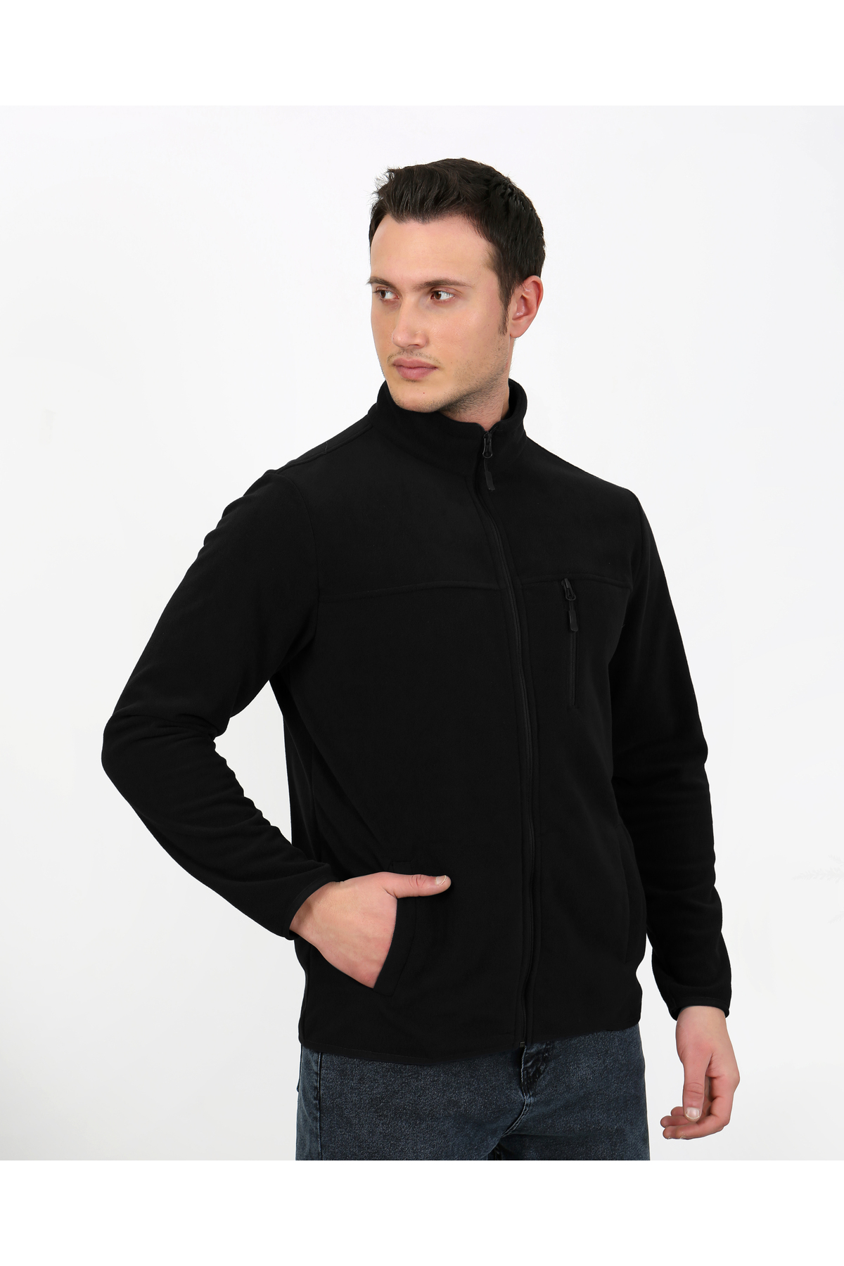6019 Regular Fit Soft Textured Winter Micro Fleece Cardigan — مشکی — تصویر 4 از 6