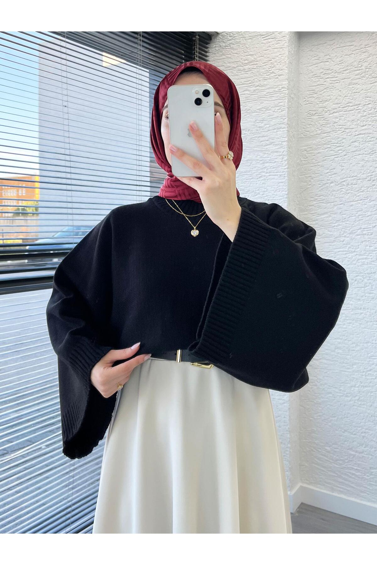 MELEK ARAZ  Kadın Siyah Yarasa Kol Kazak - Görsel 2