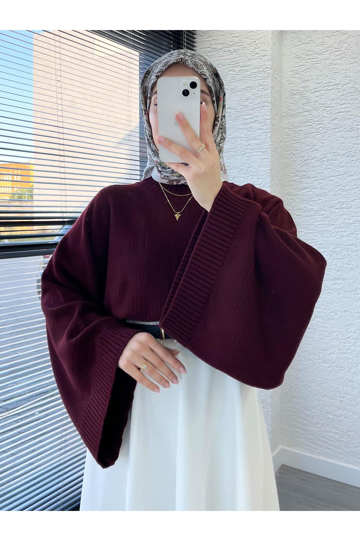 MELEK ARAZ  Kadın Bordo Yarasa Kol Kazak - Görsel 2