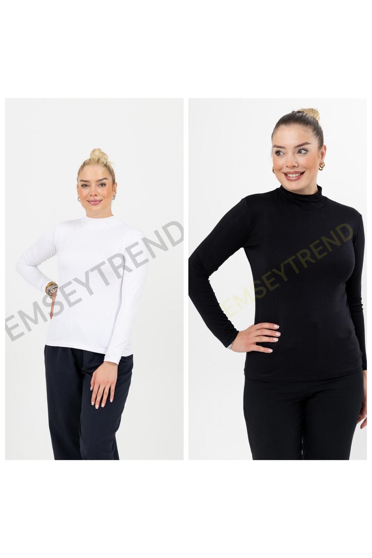 emseytrend Yarım Balıkçı Uzun Kollu Tesettür Viskon Likralı Body Badi Siyah Beyaz 2Lİ PAKET