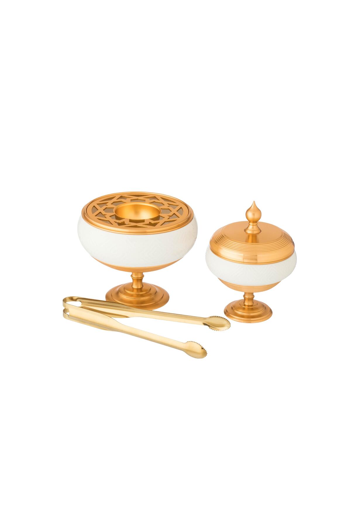 طقم مبخرة بورسلان ذهبي فاخر مع ملقط للبخور