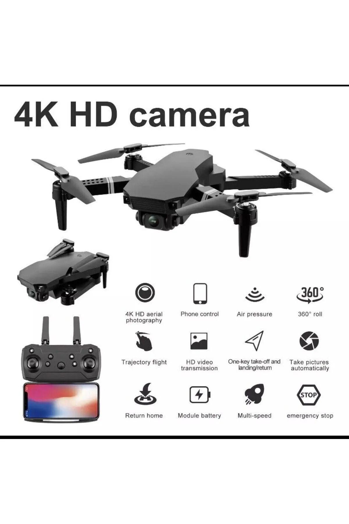 Mmctech E88 4K HD ÇİFT KAMERALI DRONE APP KONTROL WİFİ Lİ KATLANABİLİR X3 BATARYA