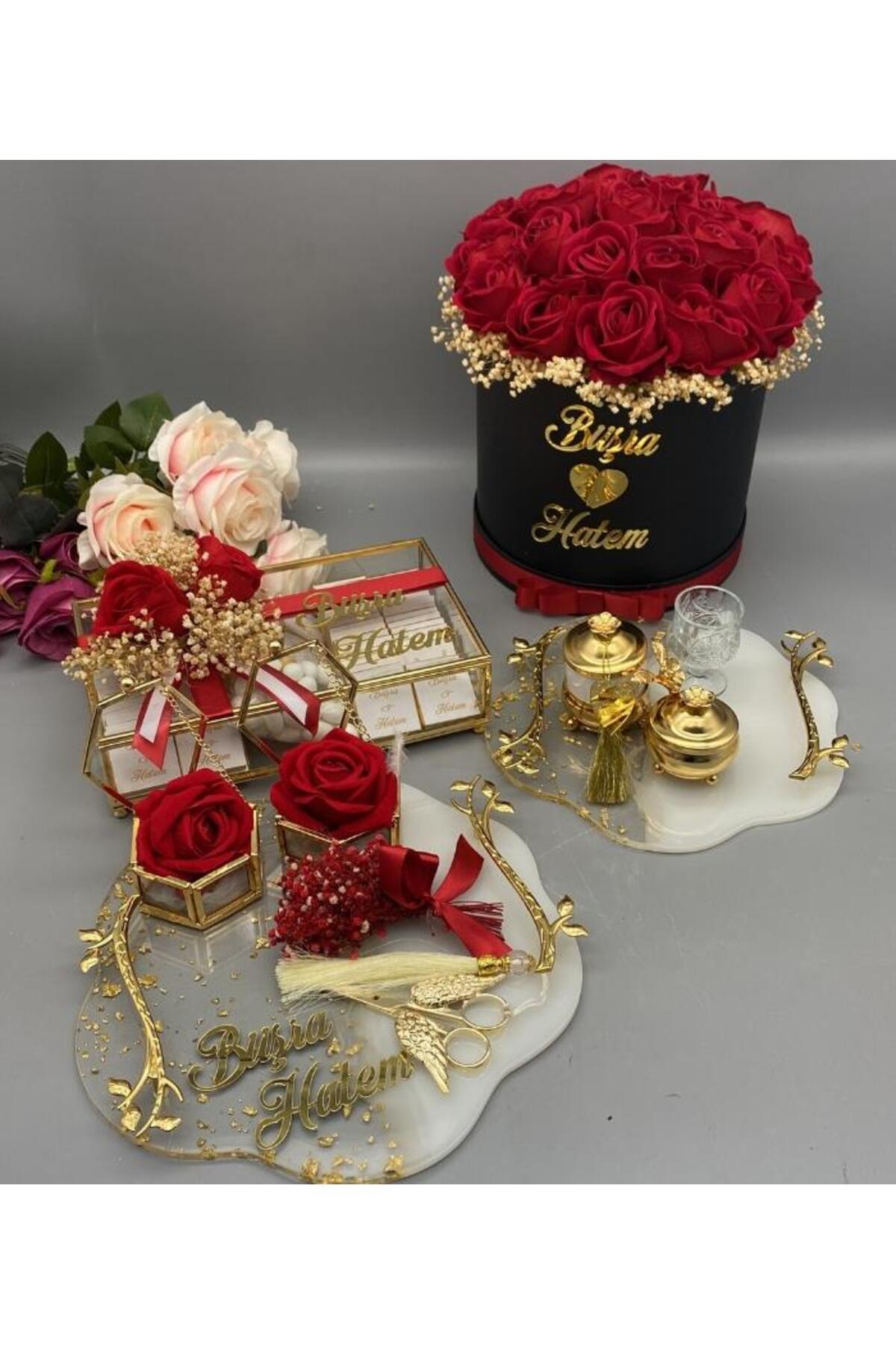 gifthomeshop İsteme Çiçeği, Çikolatası ve Söz-Damat Kahve Tepsisi 4'lü Set - Kırmızı Gül Demeti, Çikolata Kutusu