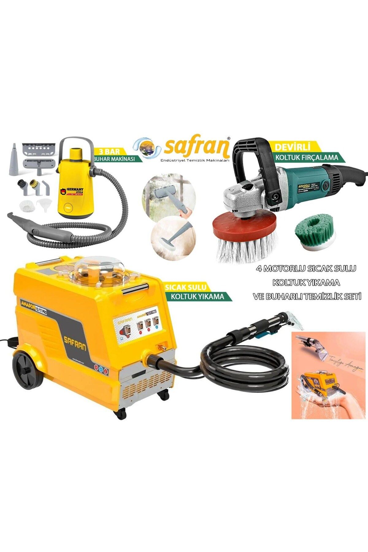 Safran Anafor 12/17 Sıcak Sulu Koltuk Halı Yıkama Makinesi Buhar Makinesi Fırçalama 3 Lü Set
