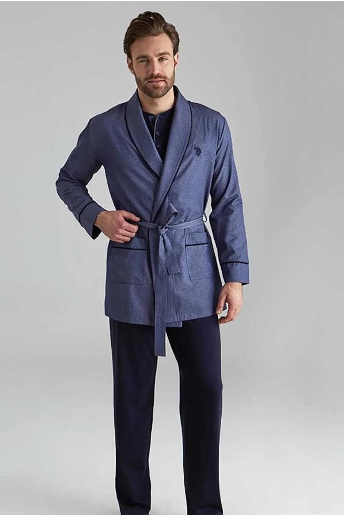 ست پیژامه آبی مردانه کت و شلوار آستین کوتاه Polo Assn 12000 با لباس مجلسی 3 تیکه U.S. Polo Assn.