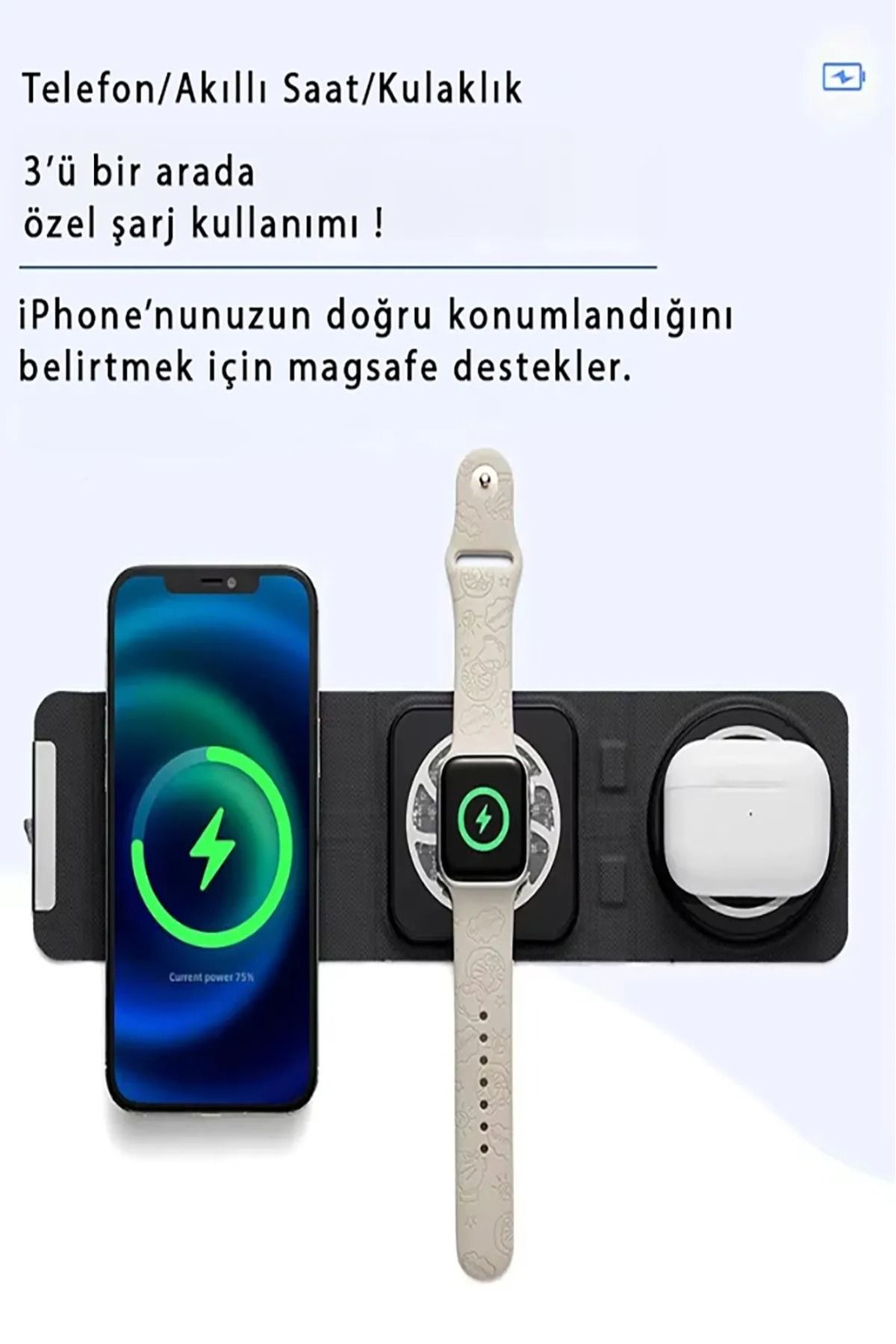 SHOPAPERAL Katlanabilir Üçü Bir Arada Magsafe Kablosuz Wifi Taşınabilir Şarj Aleti