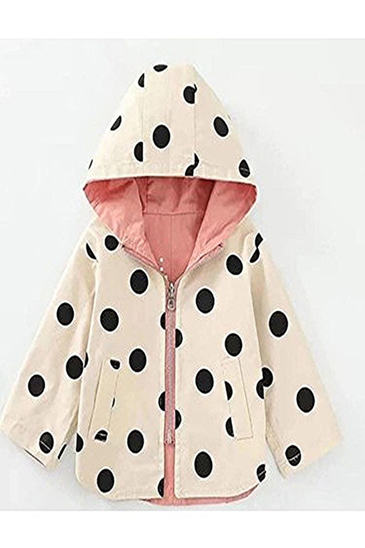 NİSAY BOUTİQUE-Girls' Polka Dot Color Detailed Double-Sided Wearable Hood Seasonal Trench Coat Raincoat 5