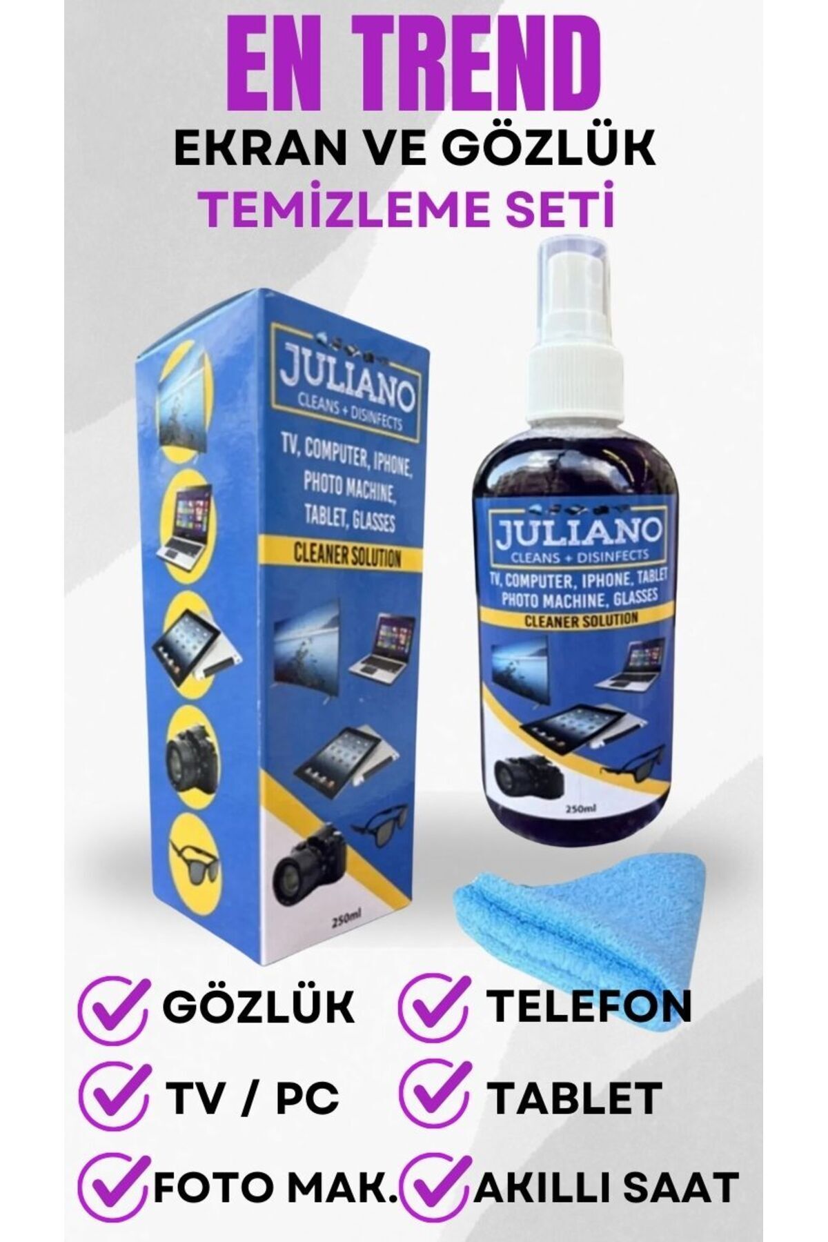 JULIANO Tv Ekran Temizleme Spreyi + Mikrofiber Temizleyici Bez Hediye (150 Ml)