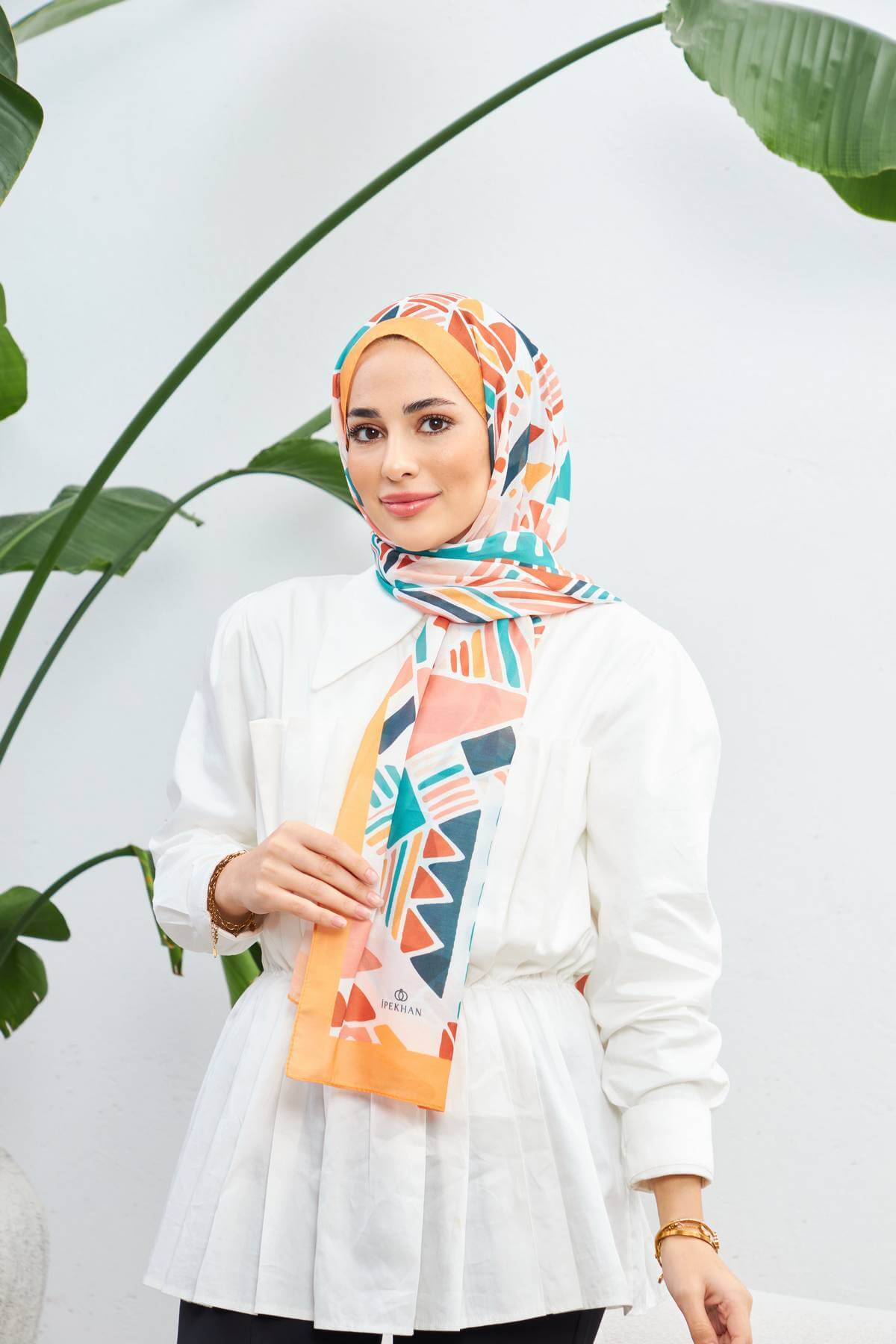 İpekhan-Geo Ethnic Soft Shawl Ecru Turquoise 3039-05 2
